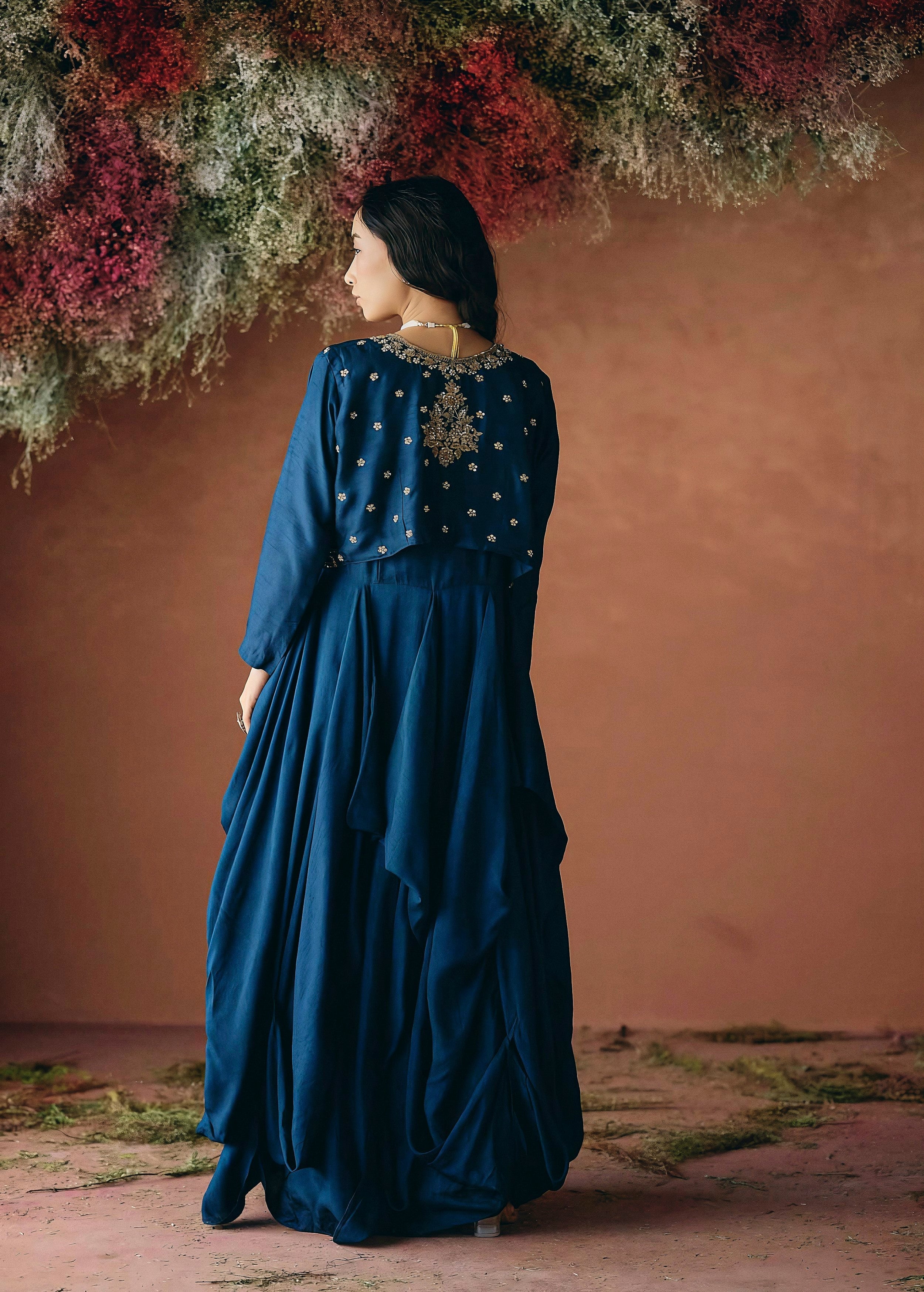 Teal Blue Embellished Raw Silk Gown Set