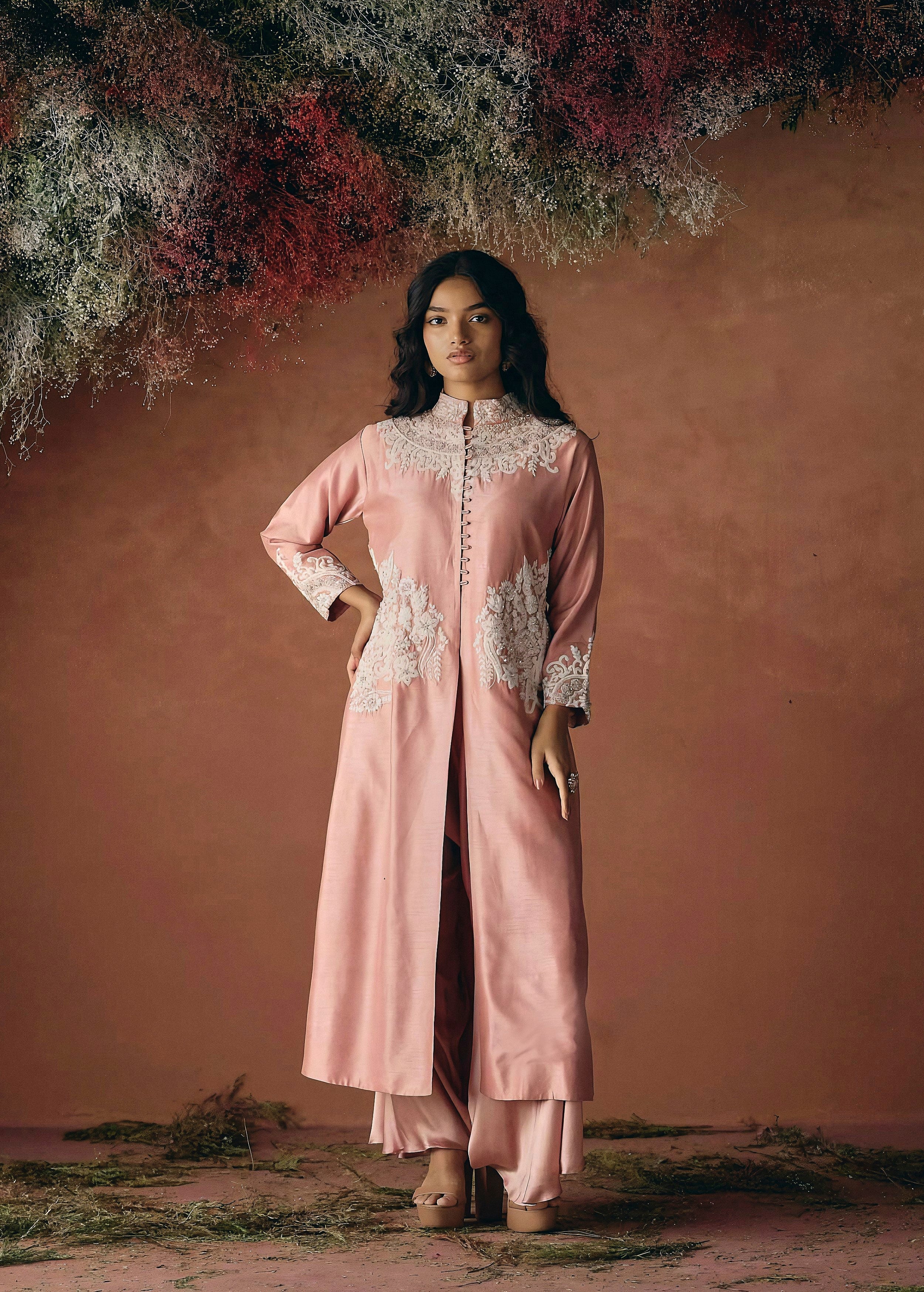 Blush Pink Embellished Raw Silk Kurta Set