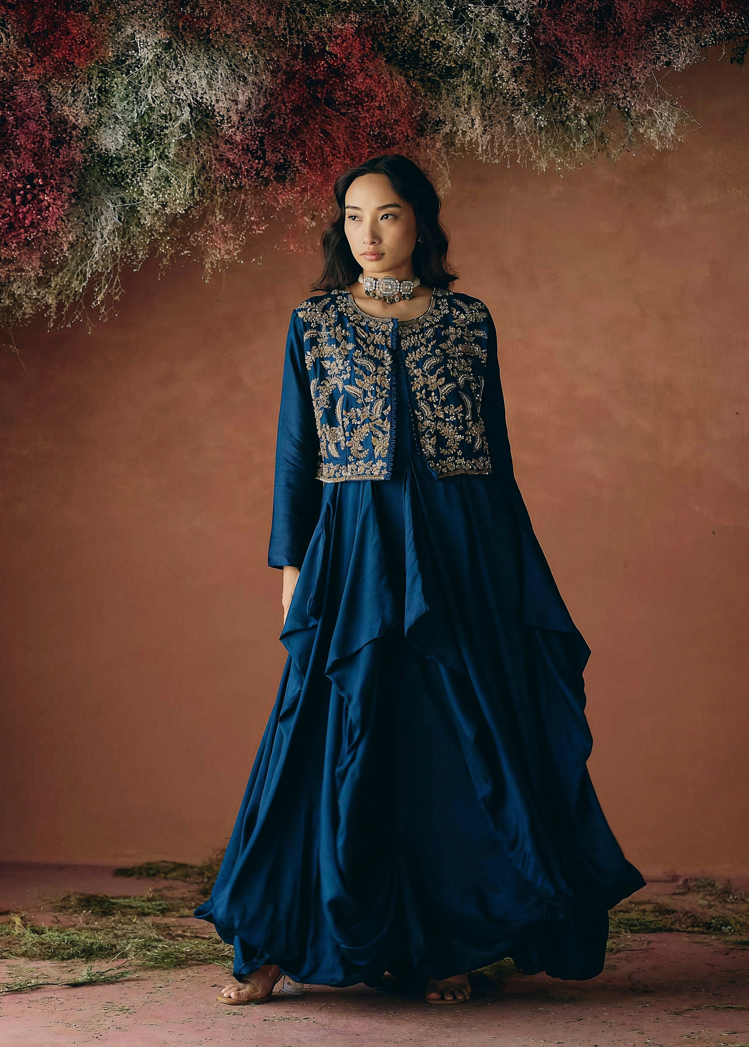 Teal Blue Embellished Raw Silk Gown Set