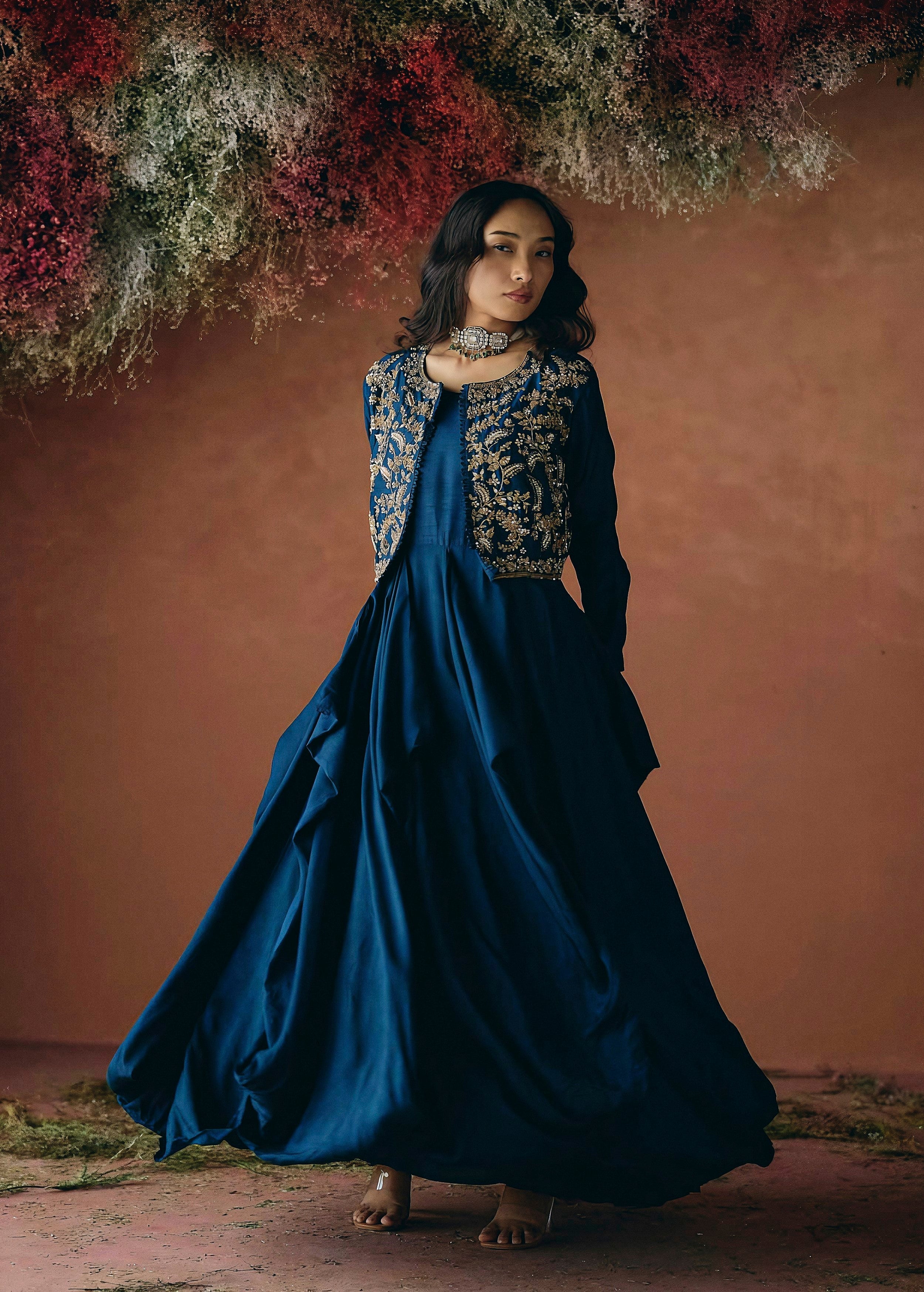 Teal Blue Embellished Raw Silk Gown Set