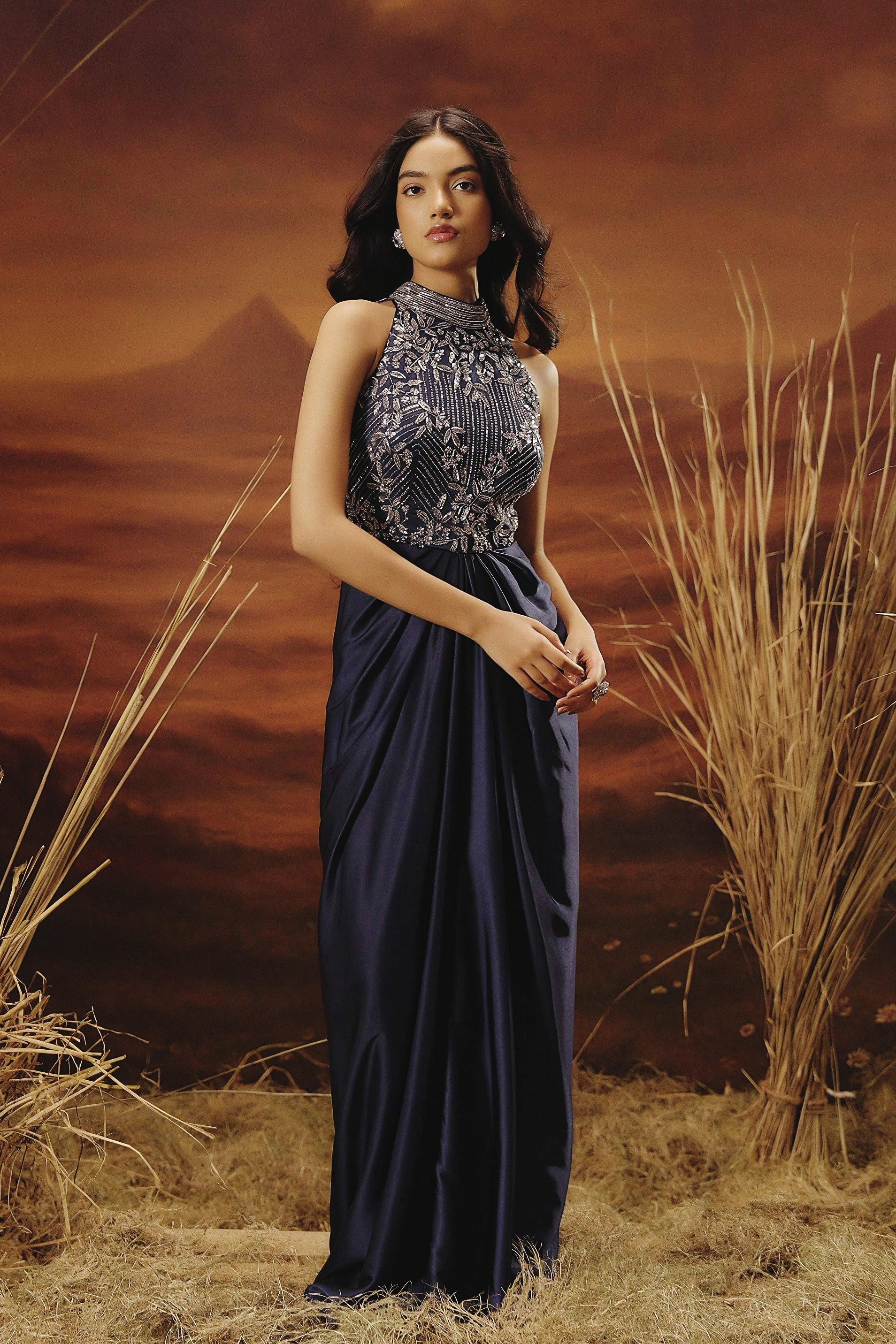 Sapphire Blue Embellished Satin Silk Gown
