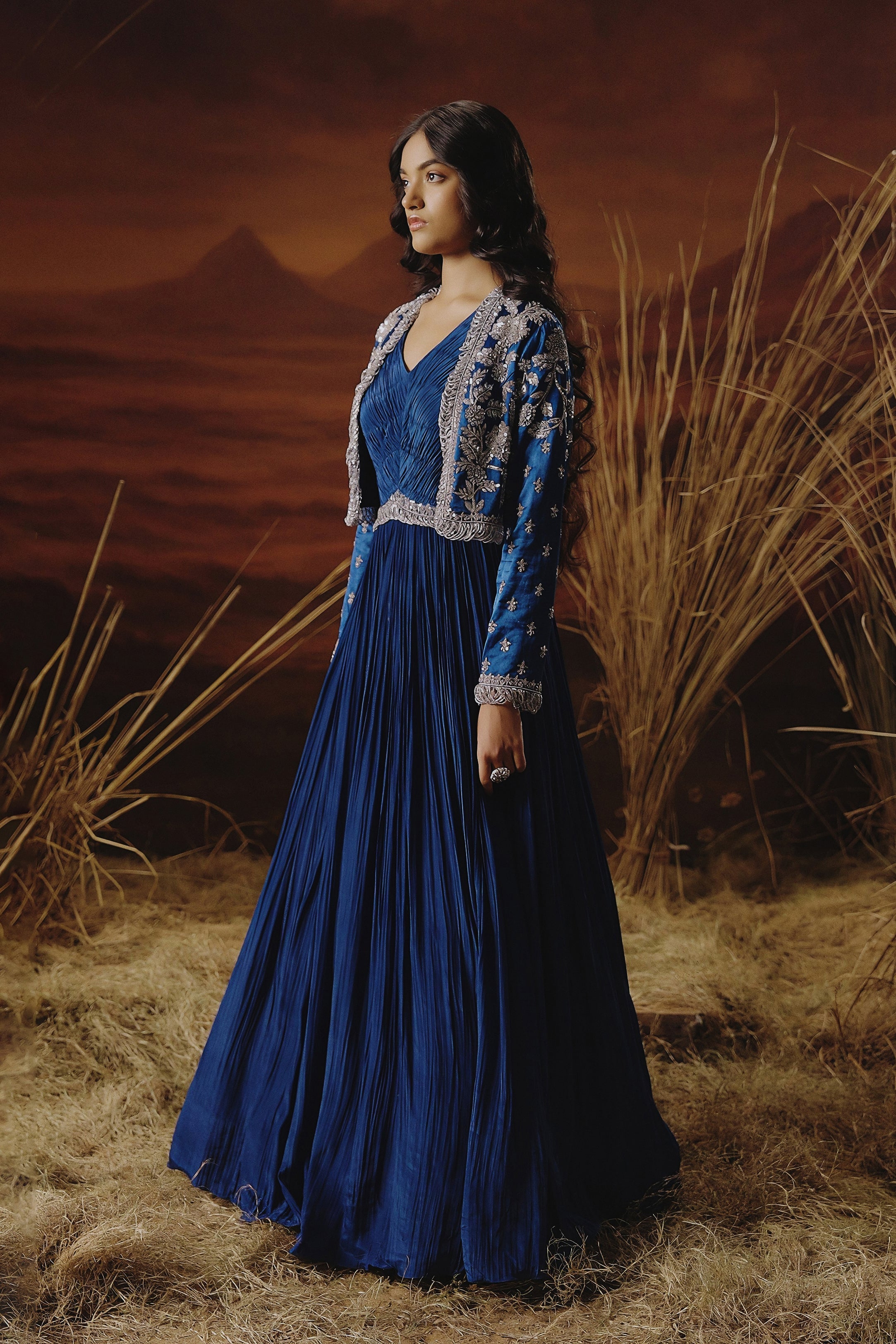 Royal Blue Embellished Premium Jacket Gown Set