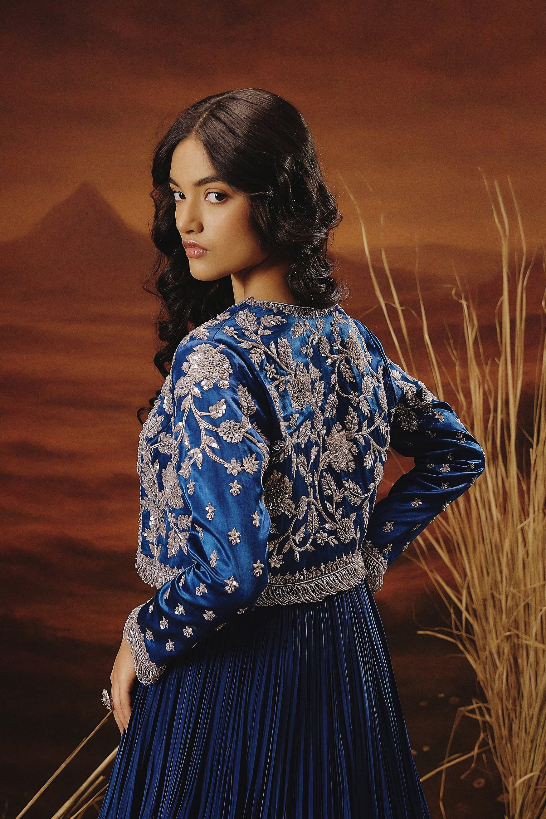Royal Blue Embellished Premium Jacket Gown Set