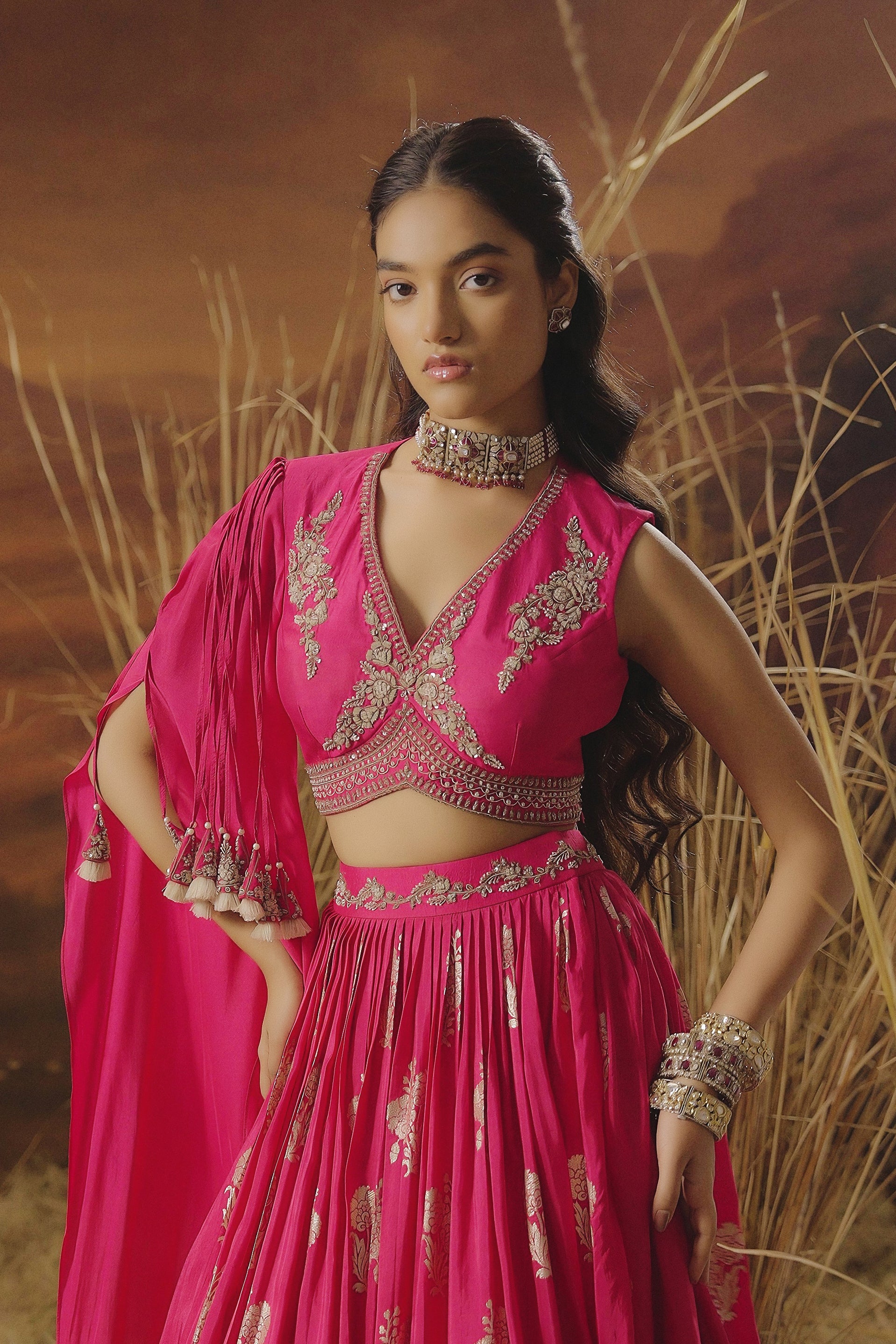 Hot Pink Embellished Chinon Silk Skirt Set