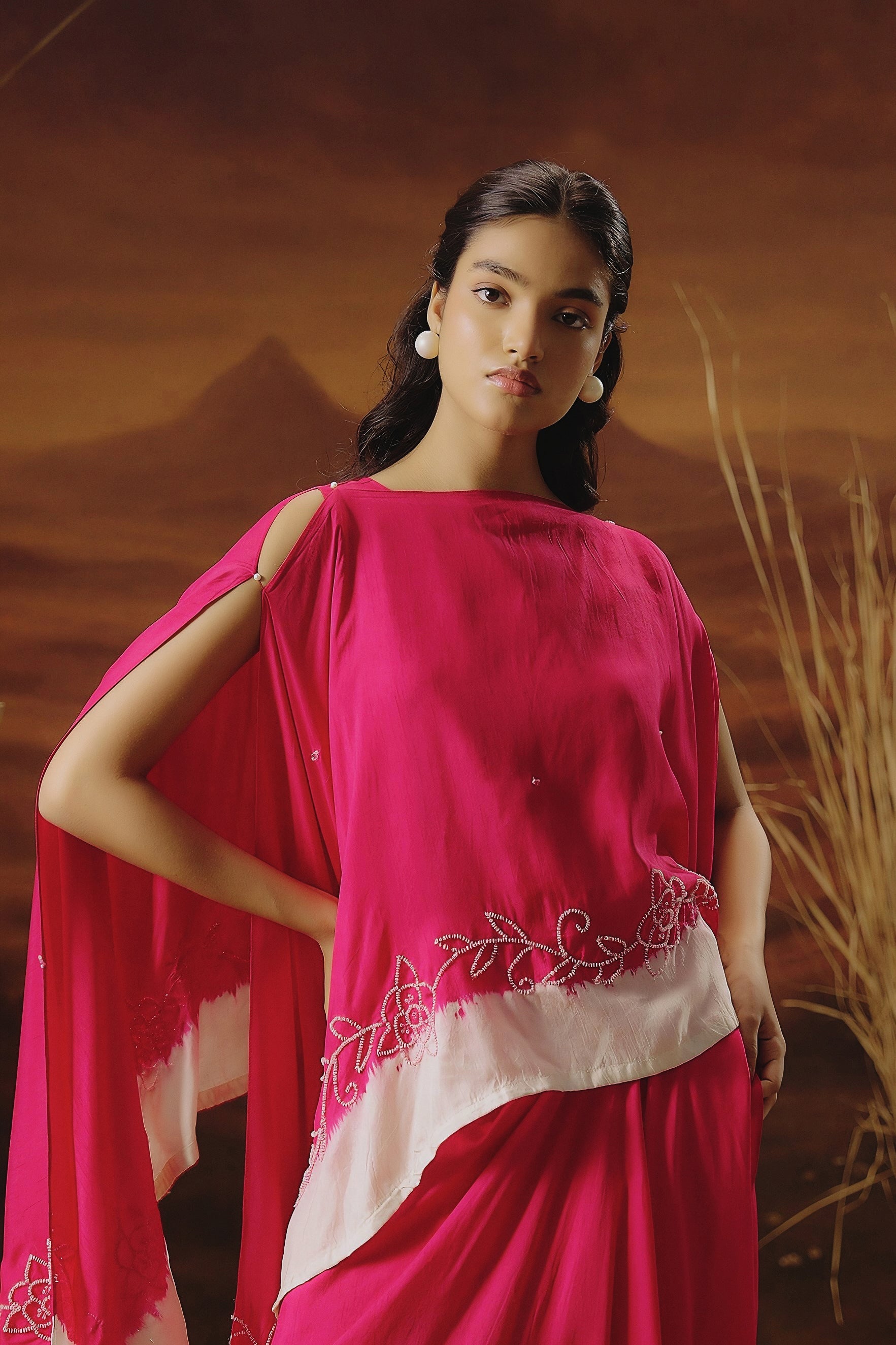 Barbie Pink Embellished Raw Silk Gown Set