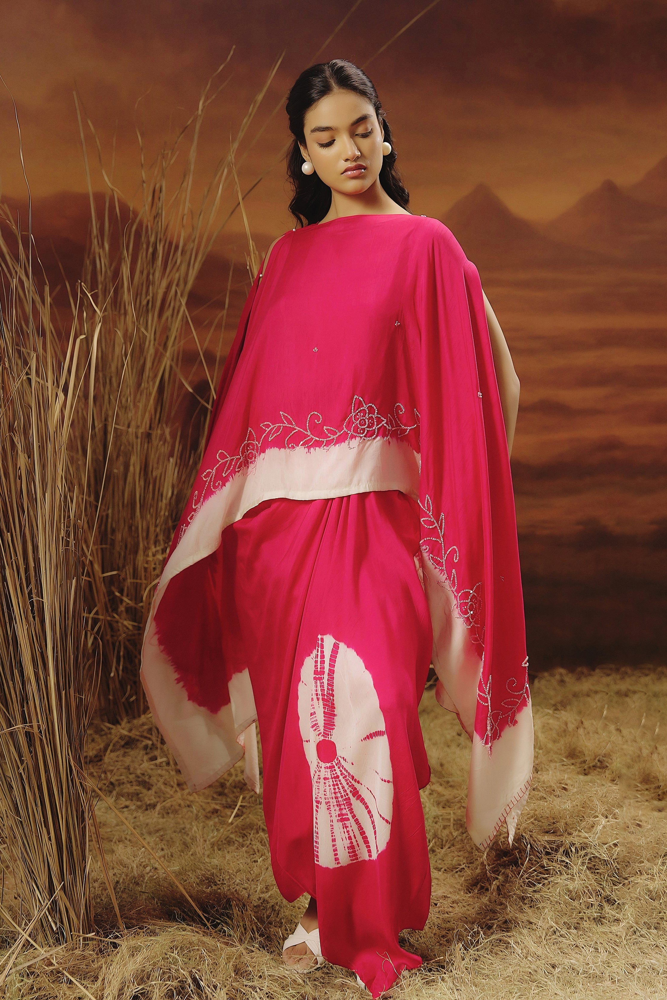 Barbie Pink Embellished Raw Silk Gown Set