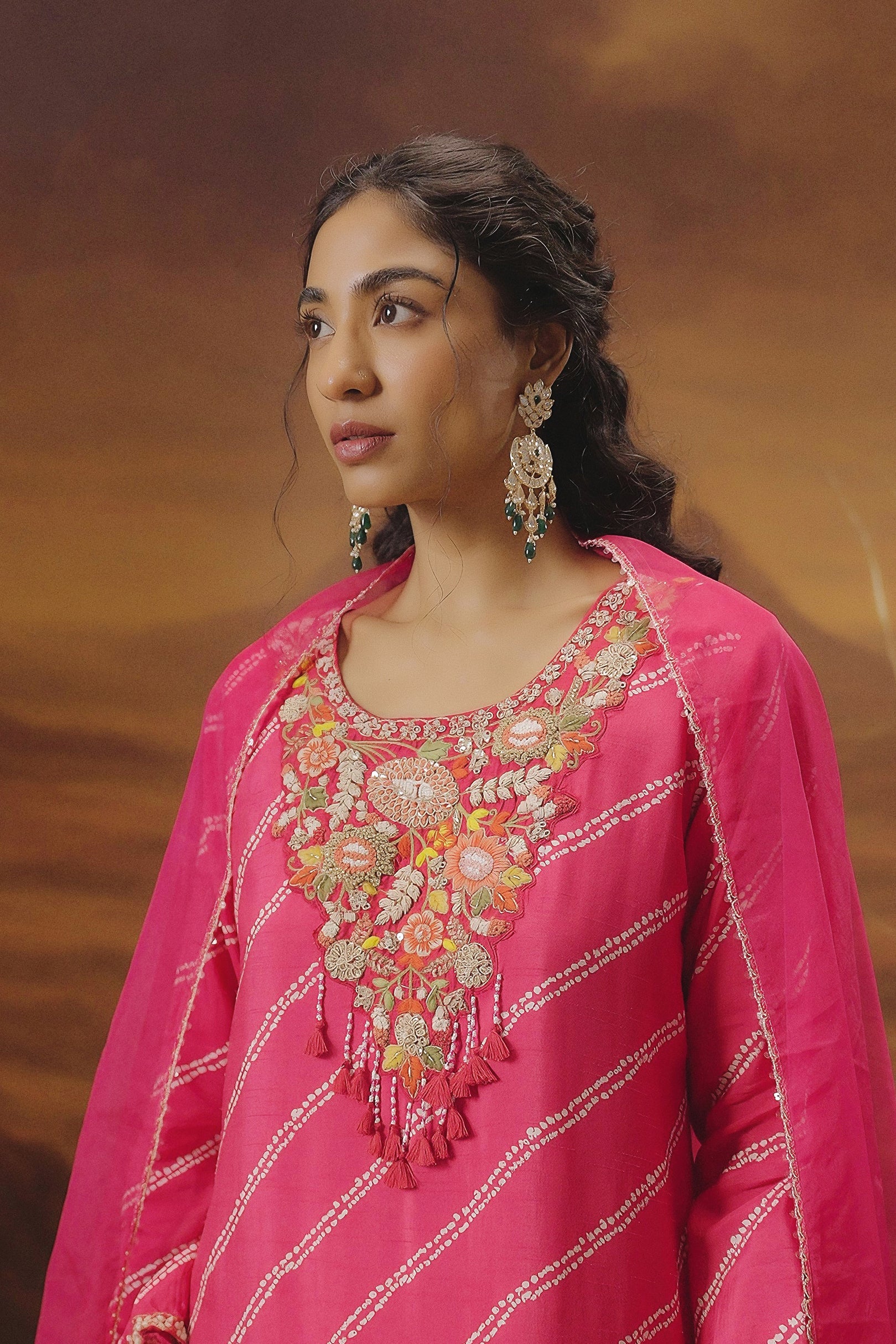 Fuchsia Pink Embellished Raw Silk Pant Set
