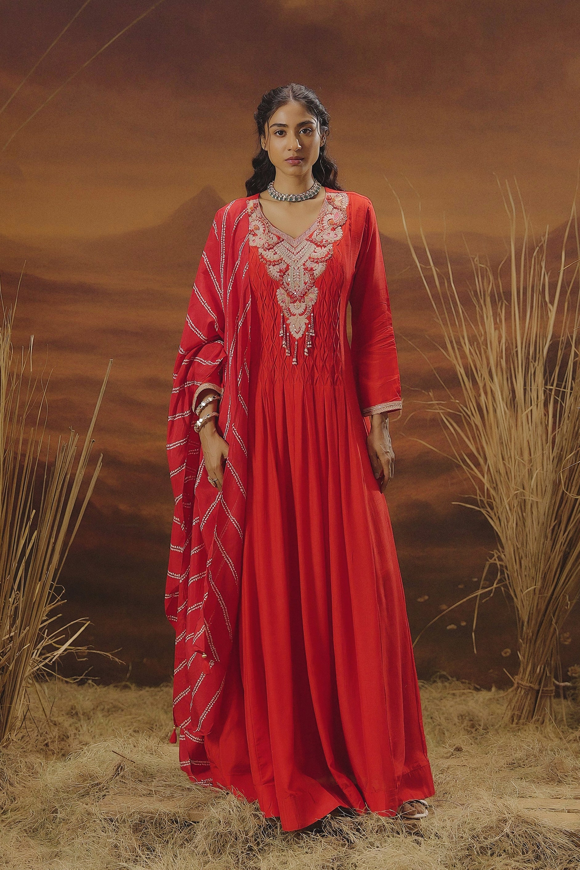 Scarlet Red Embellished Raw Silk Anarkali Set