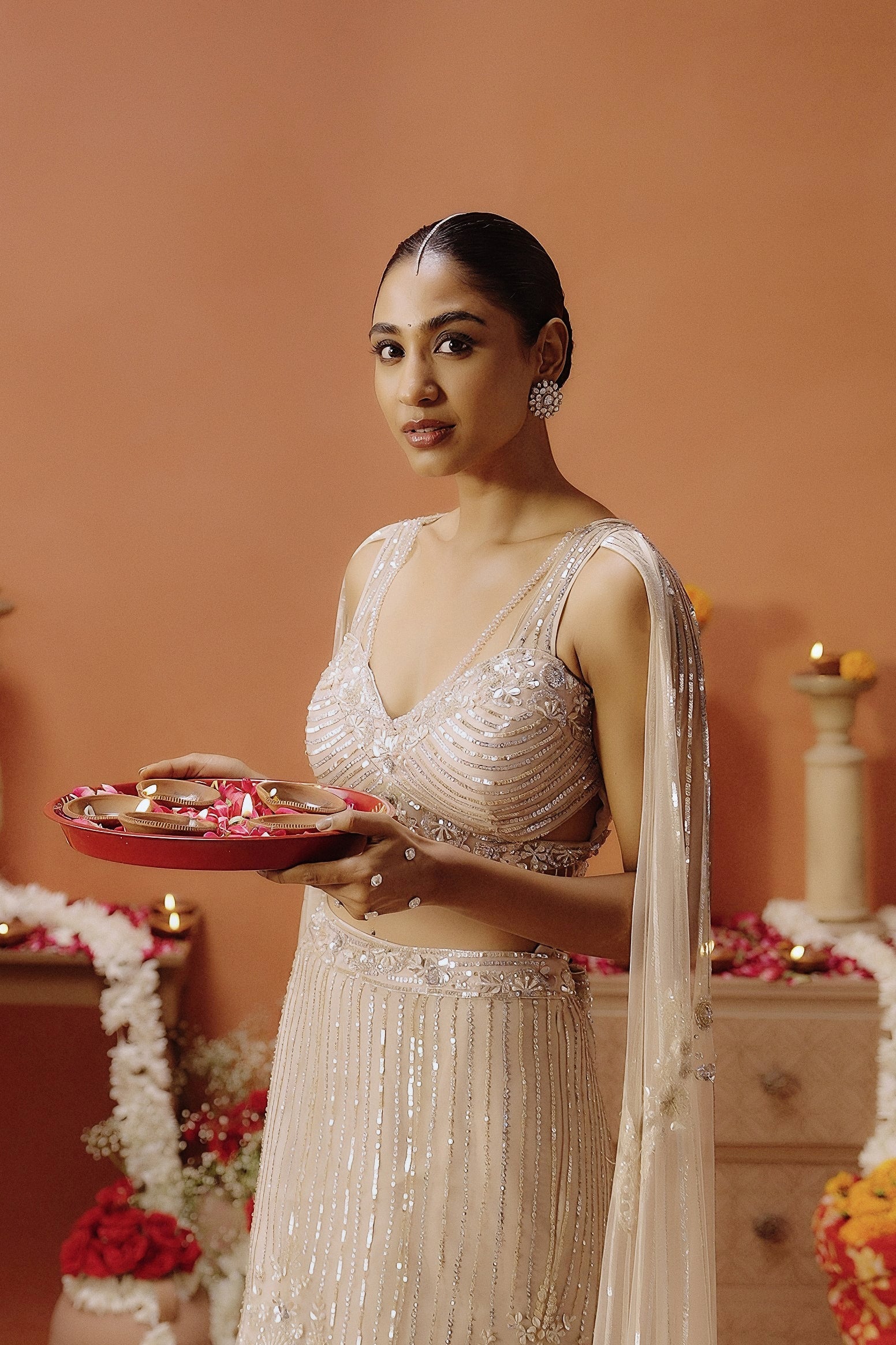 Blush Pink Embellished Premium Mono Net Lehenga Set