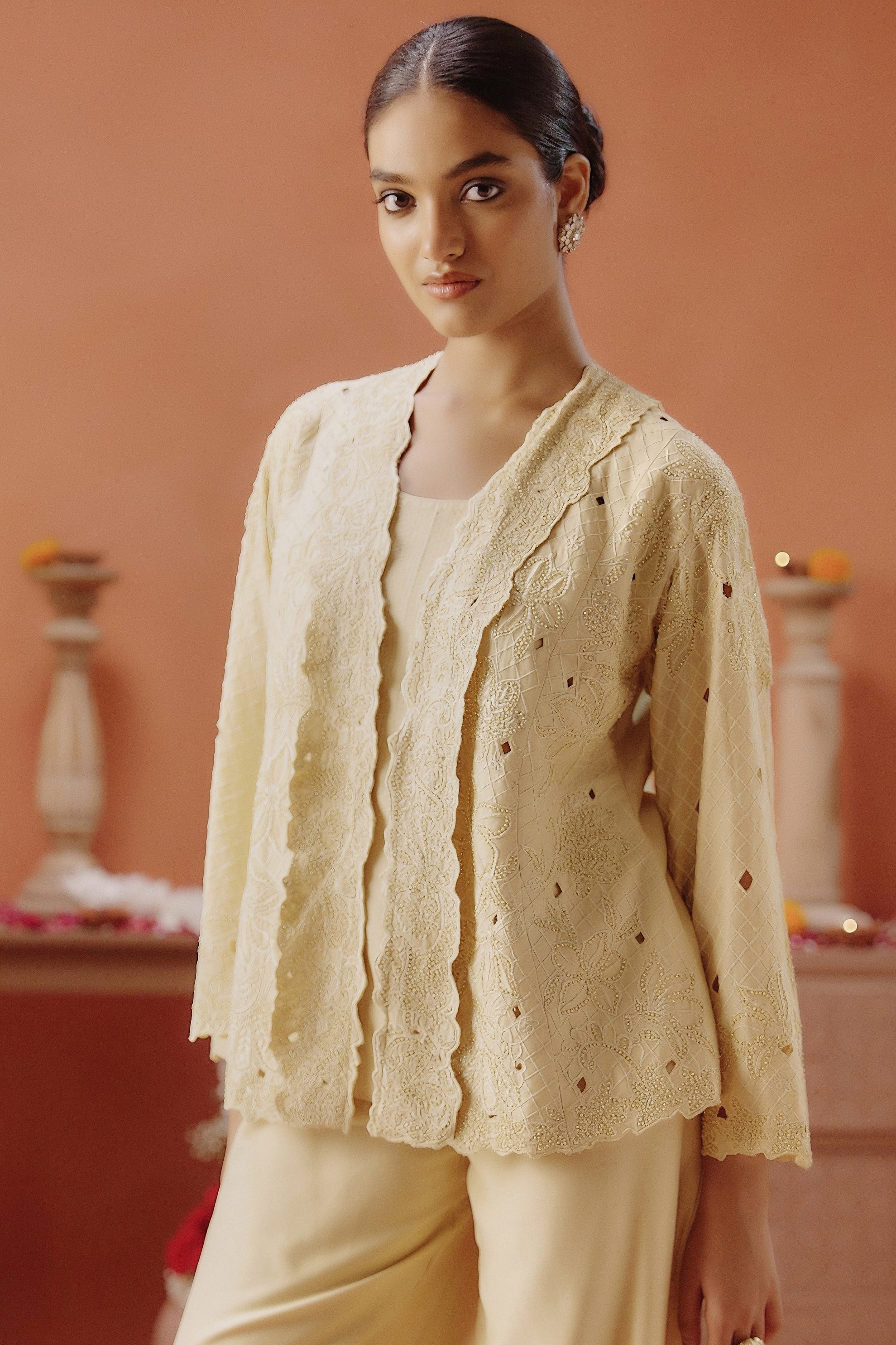 Pale Yellow Embroidered Chanderi Silk Co-Ord Set