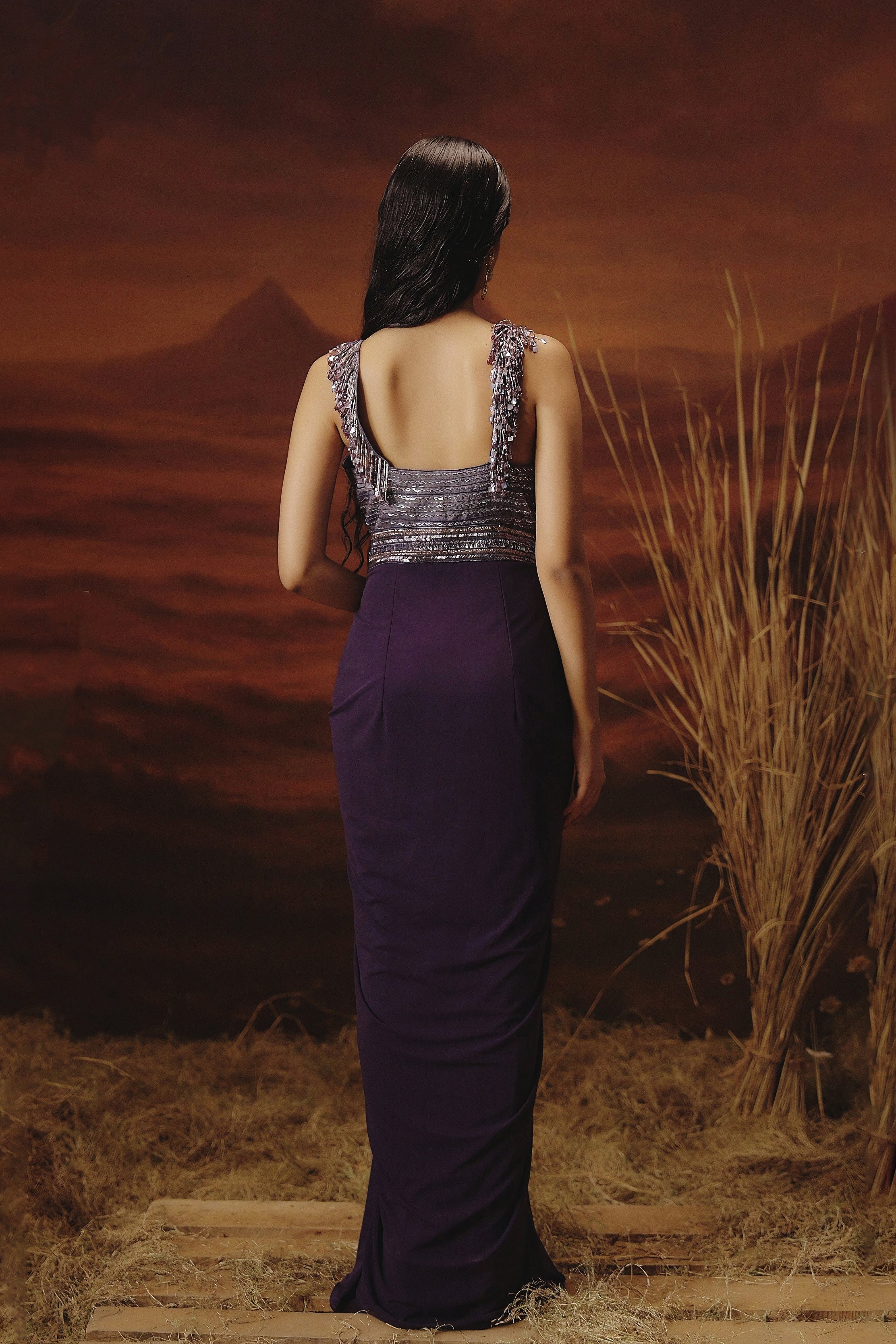 Deep Plum Embellished Spandex Lycra Gown