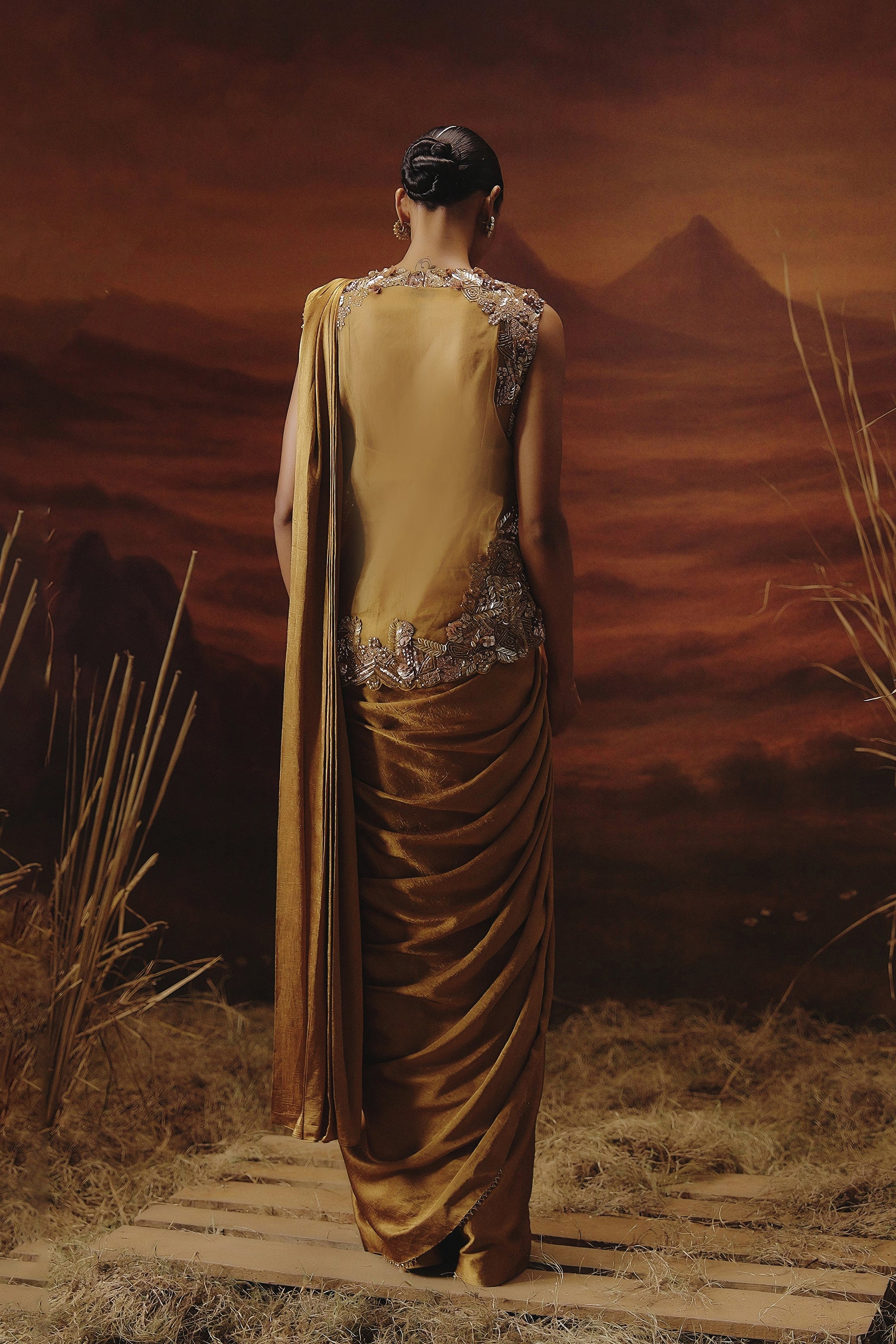 Metallic Golden Embellished Tissue Silk Drape Saree
