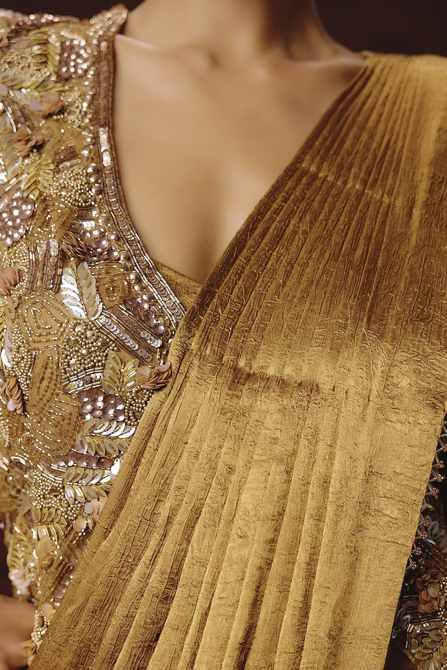 Metallic Golden Embellished Tissue Silk Drape Saree