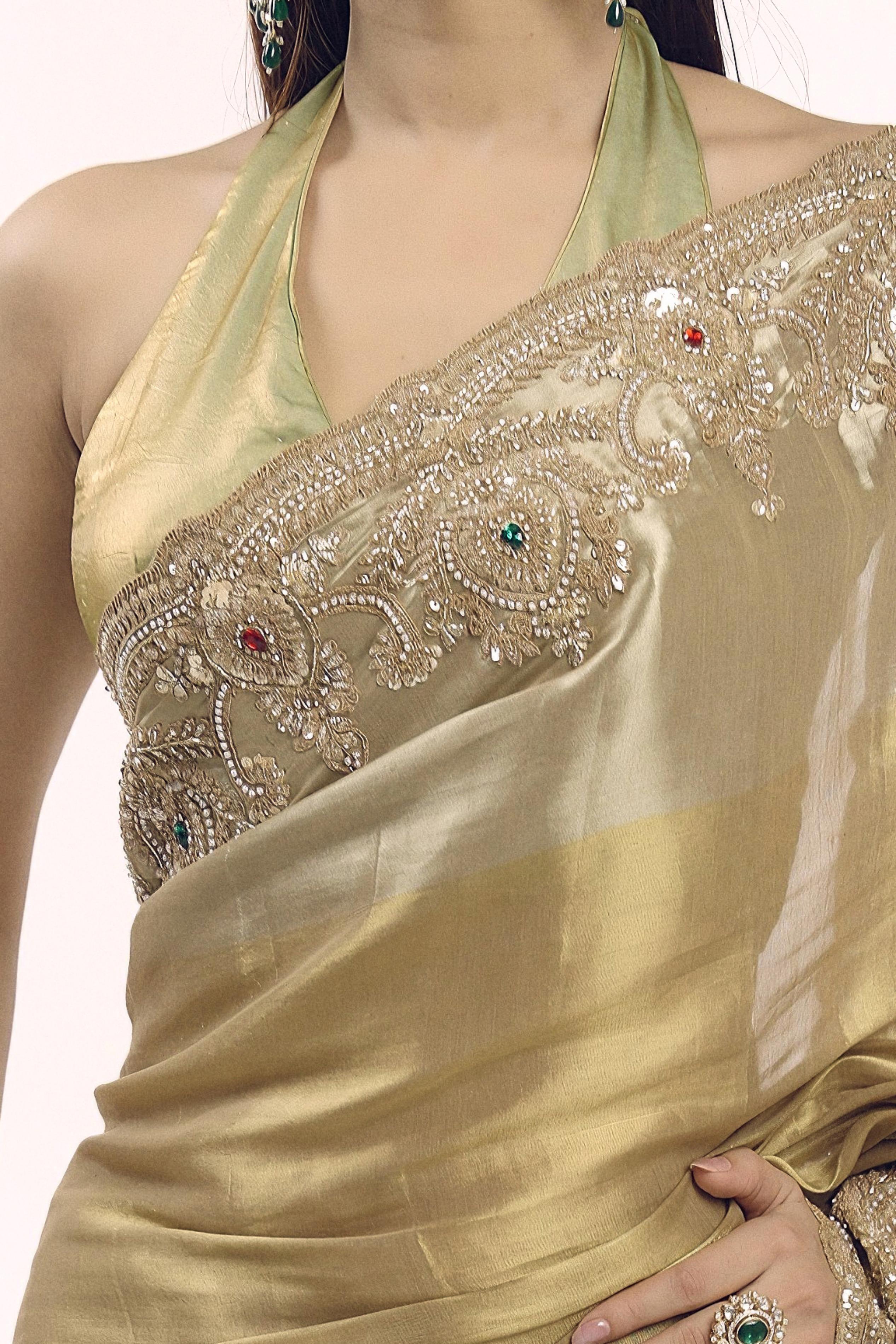Vintage Gold Embellished Shimmer Tissue Silk Saree