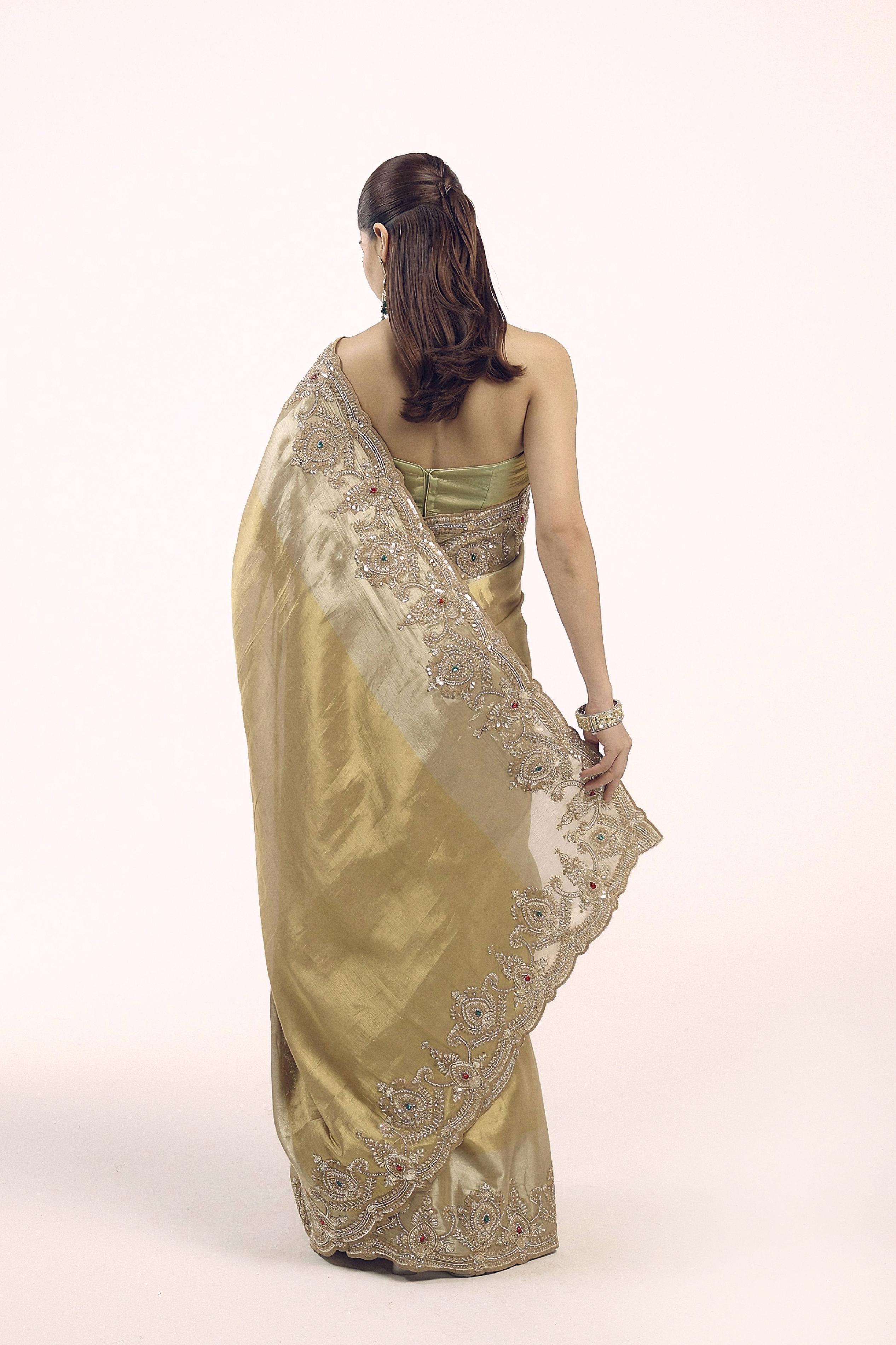 Vintage Gold Embellished Shimmer Tissue Silk Saree