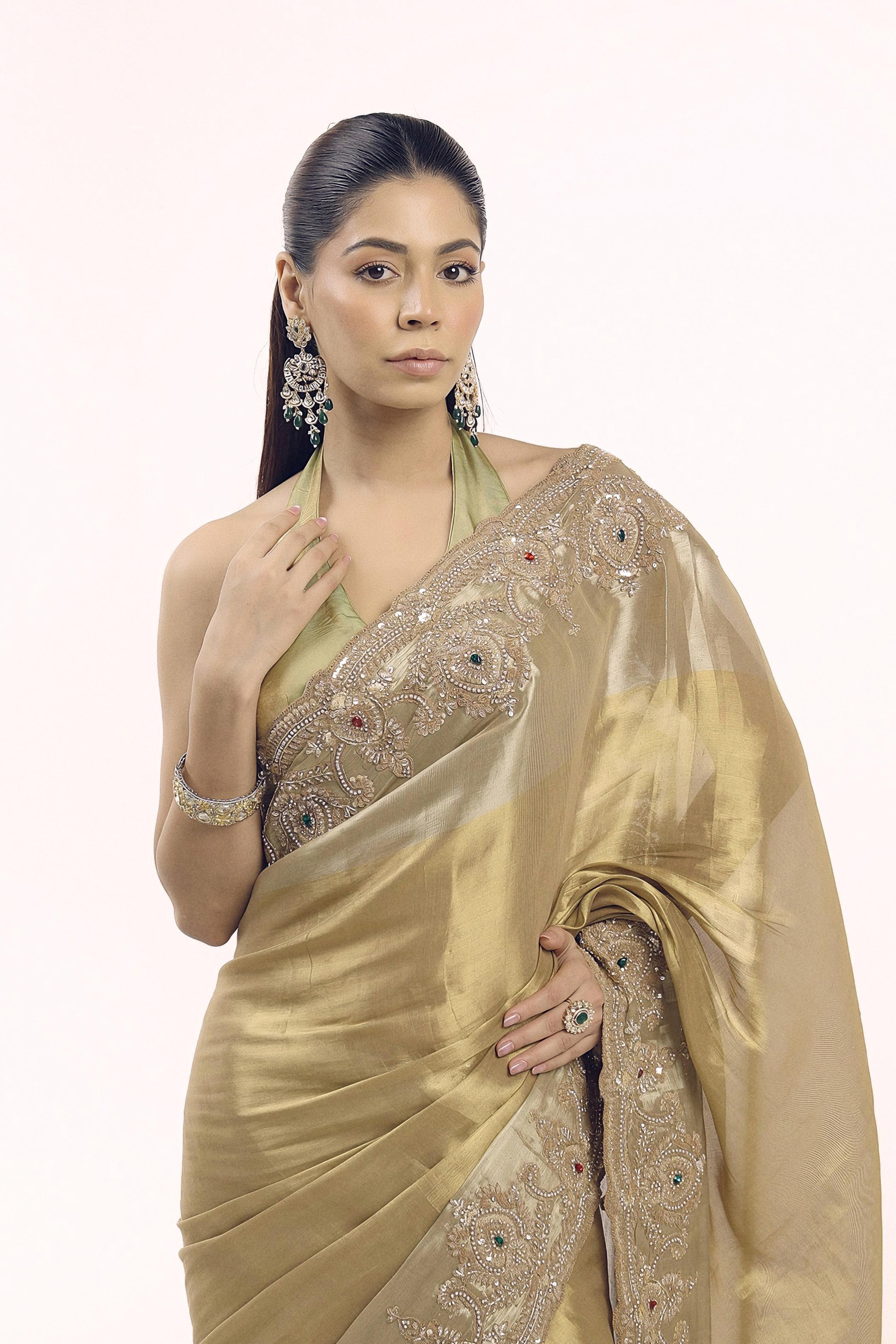 Vintage Gold Embellished Shimmer Tissue Silk Saree