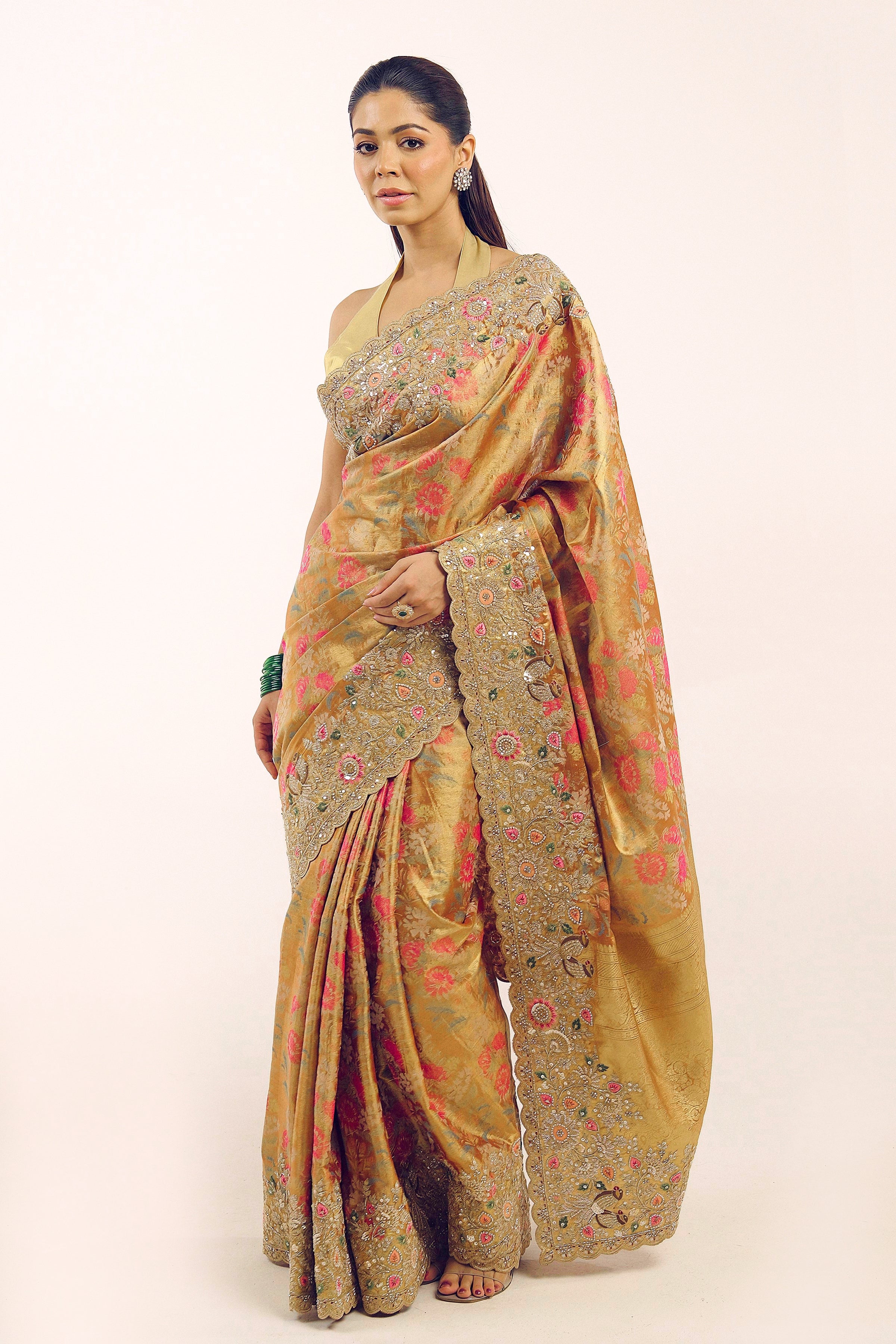 Antique Gold Embellished Banarasi Tissue Silk Saree