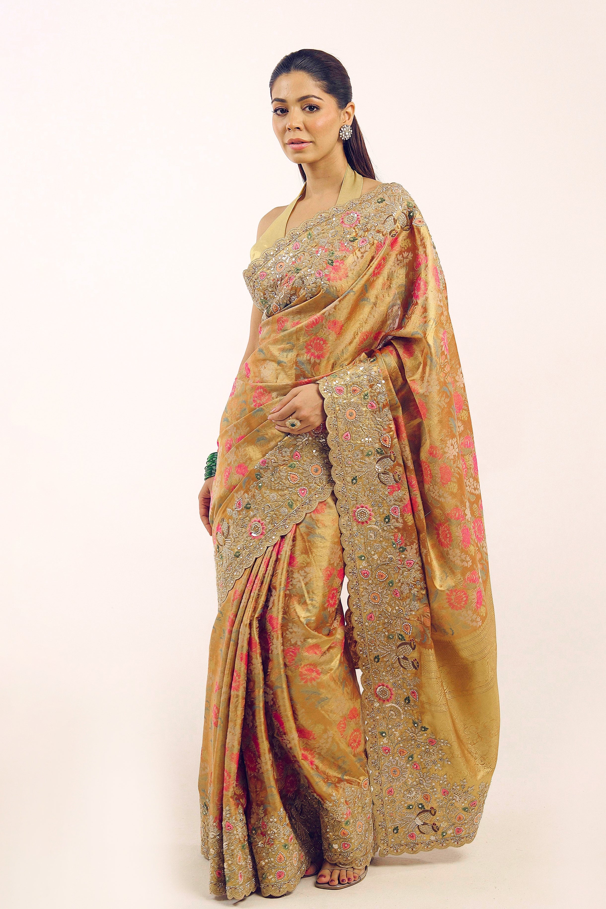 Antique Gold Embellished Banarasi Tissue Silk Saree
