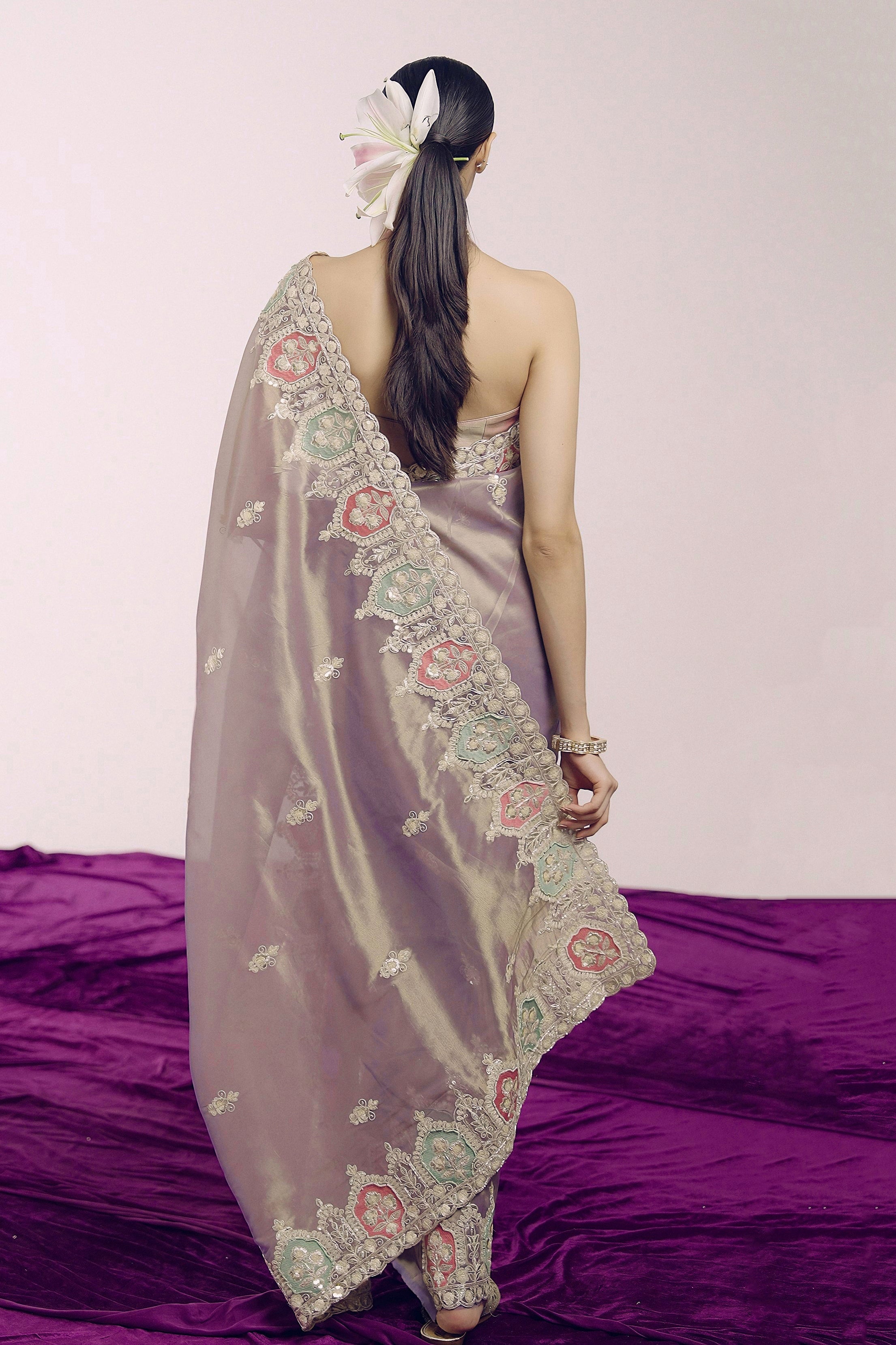 Moonlit Mauve Embellished Shimmer Tissue Silk Saree