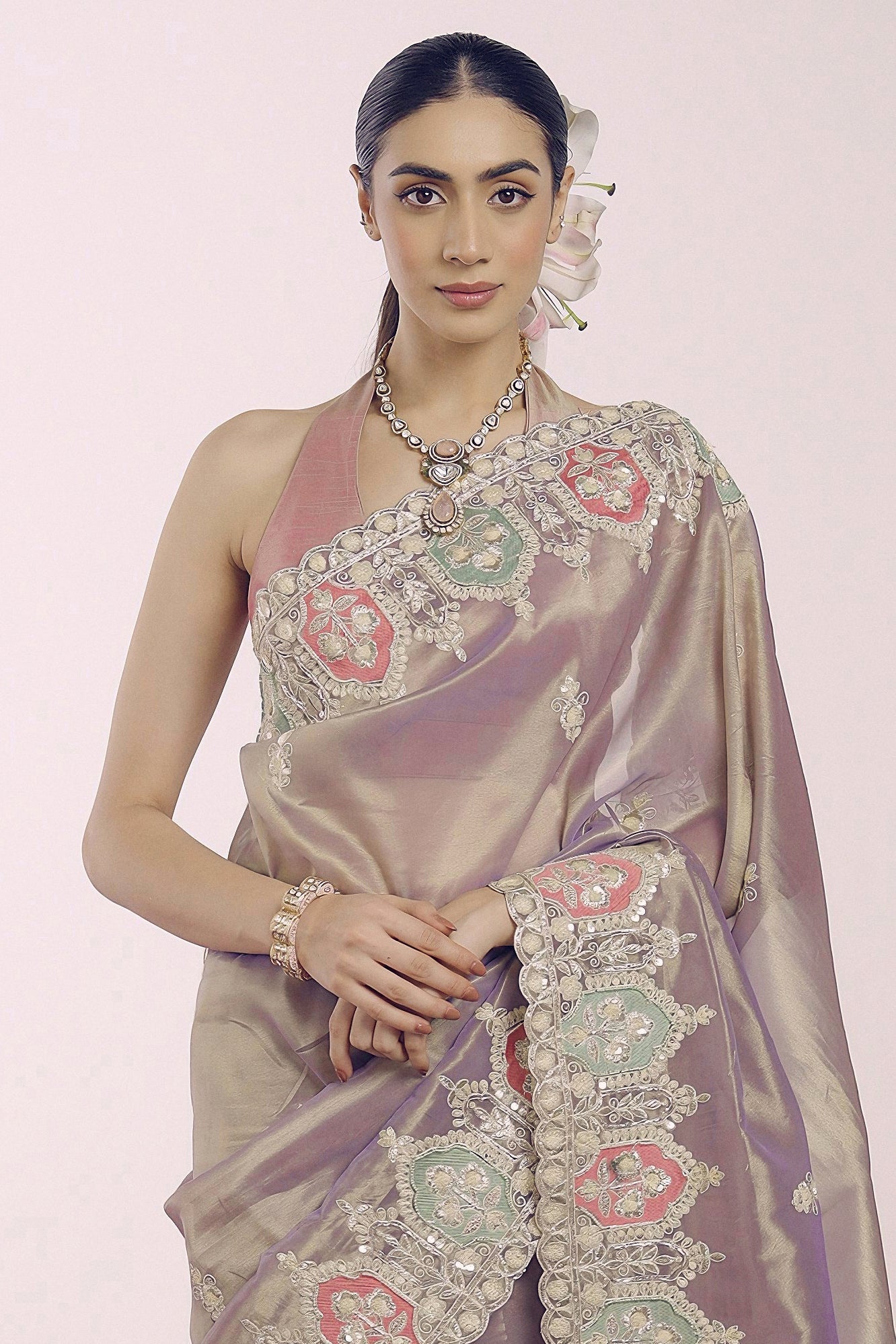 Moonlit Mauve Embellished Shimmer Tissue Silk Saree