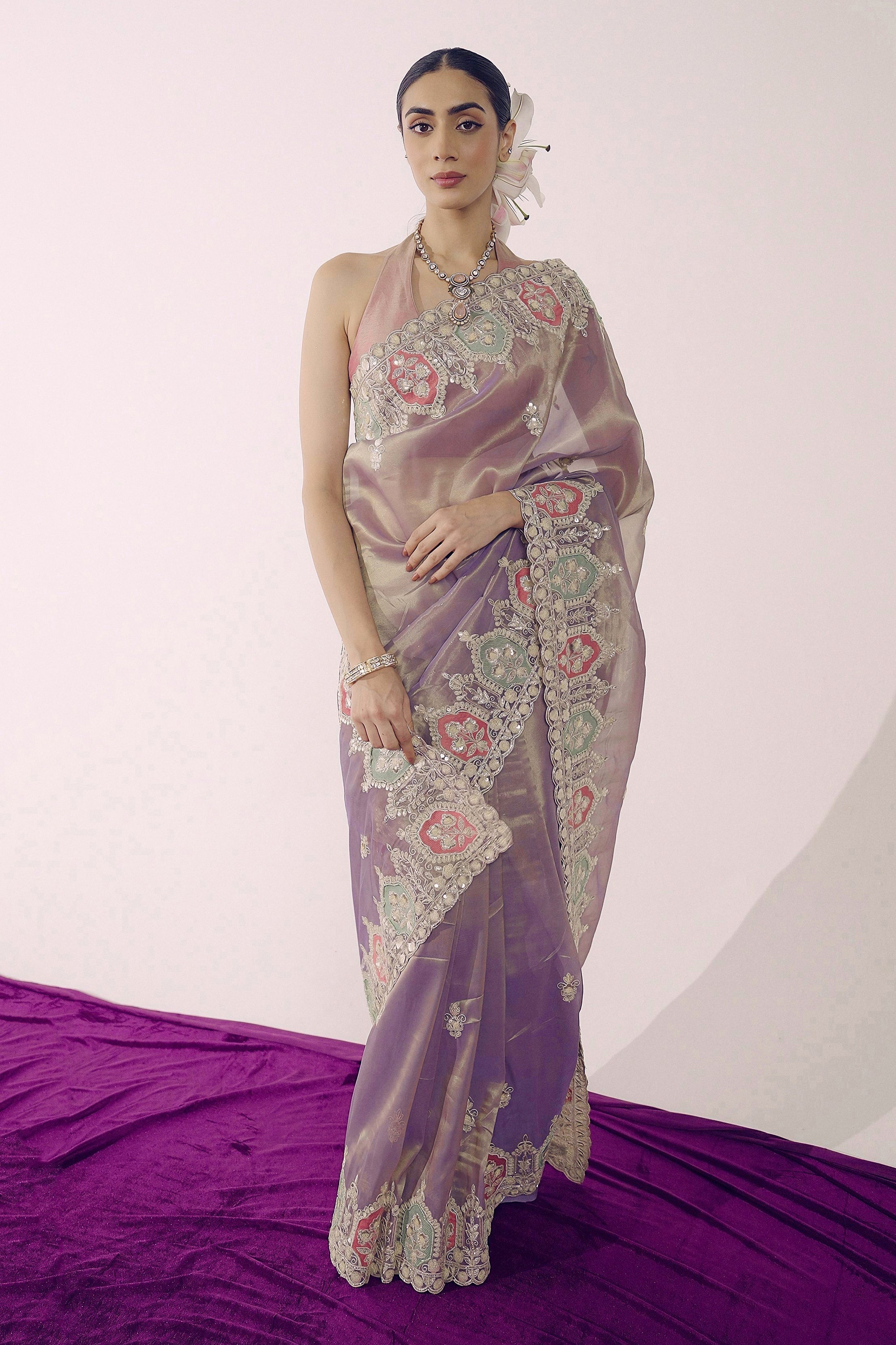 Moonlit Mauve Embellished Shimmer Tissue Silk Saree