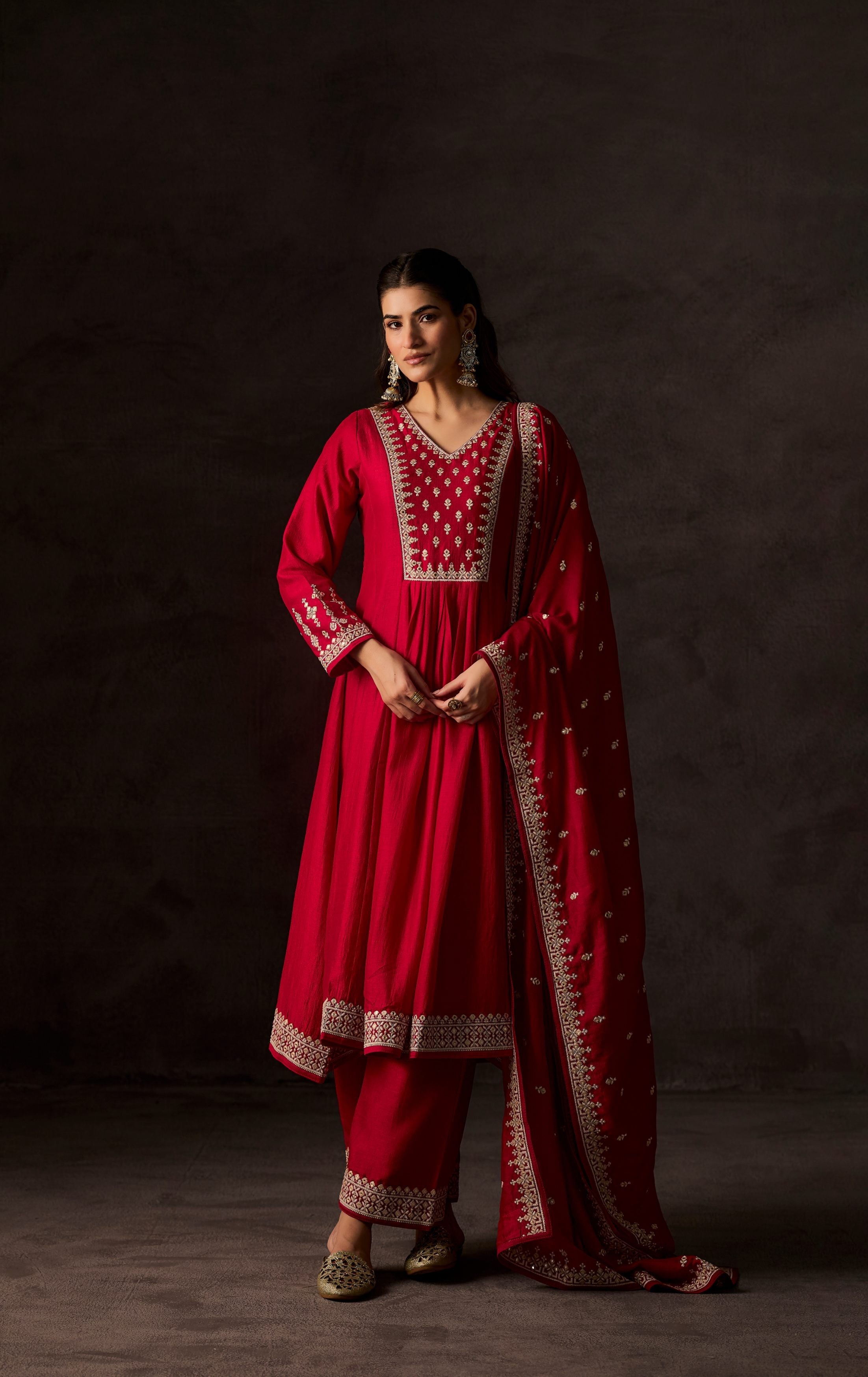 Red Embellished Raw Silk Anarkali Set