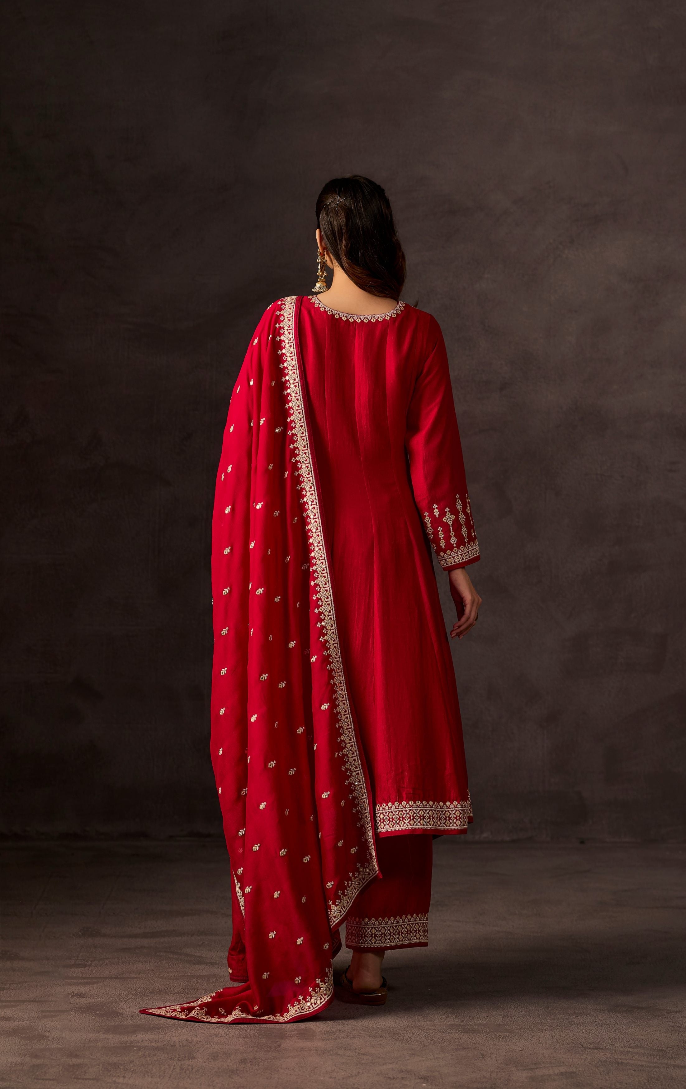 Red Embellished Raw Silk Anarkali Set