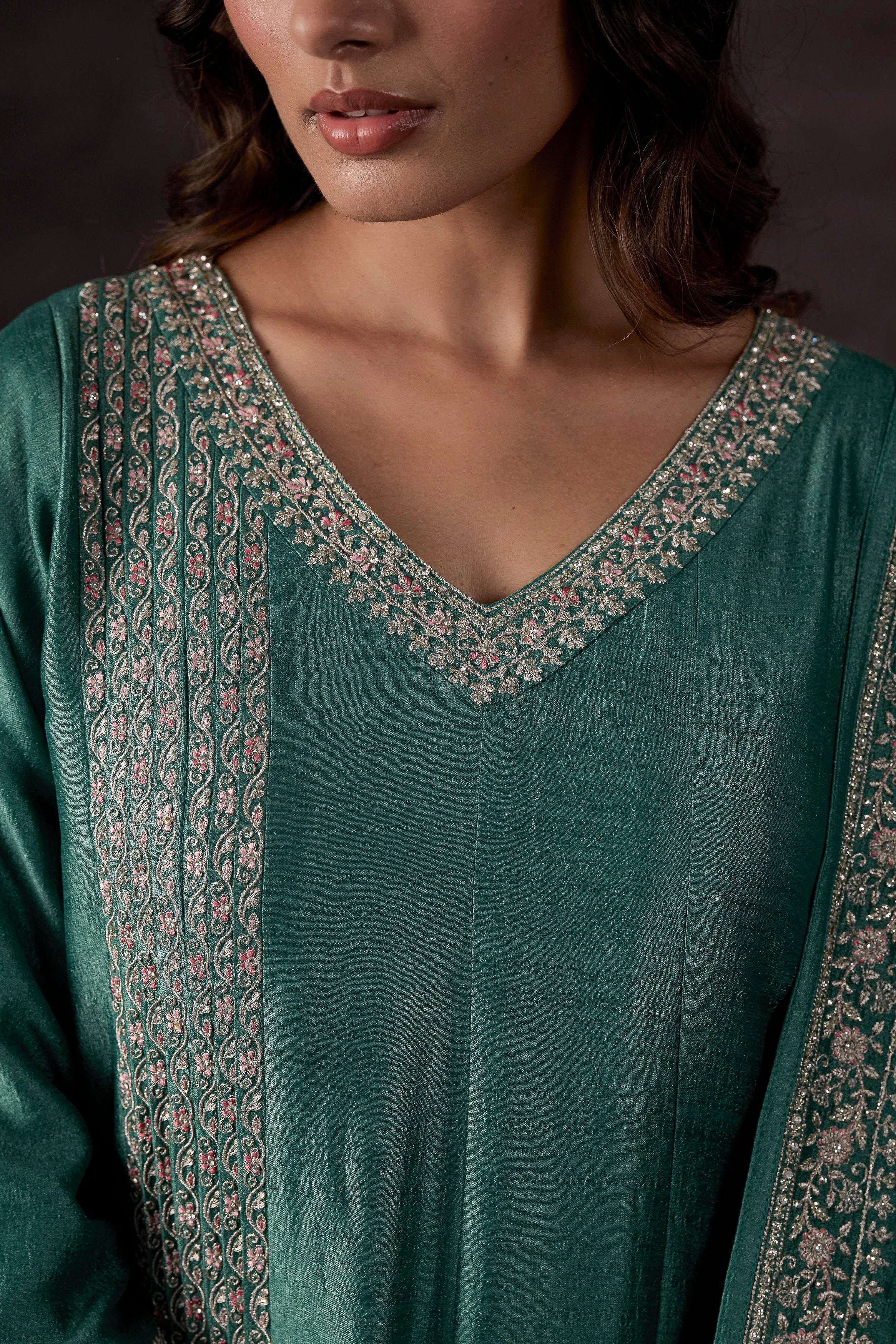 Light Green Embellished Raw Silk Anarkali Set