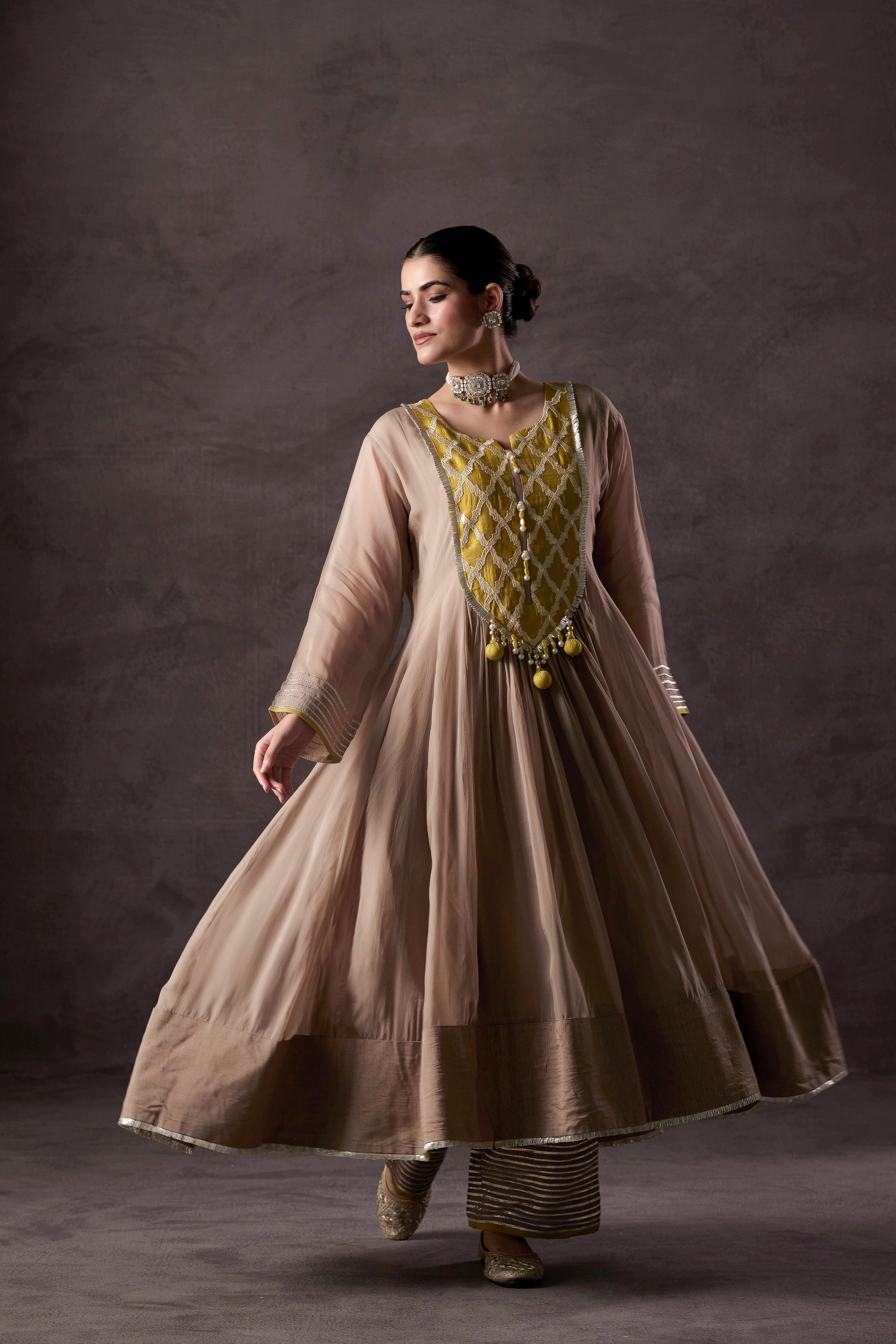 Timeless Beige-Brown Raw Silk Anarkali Set