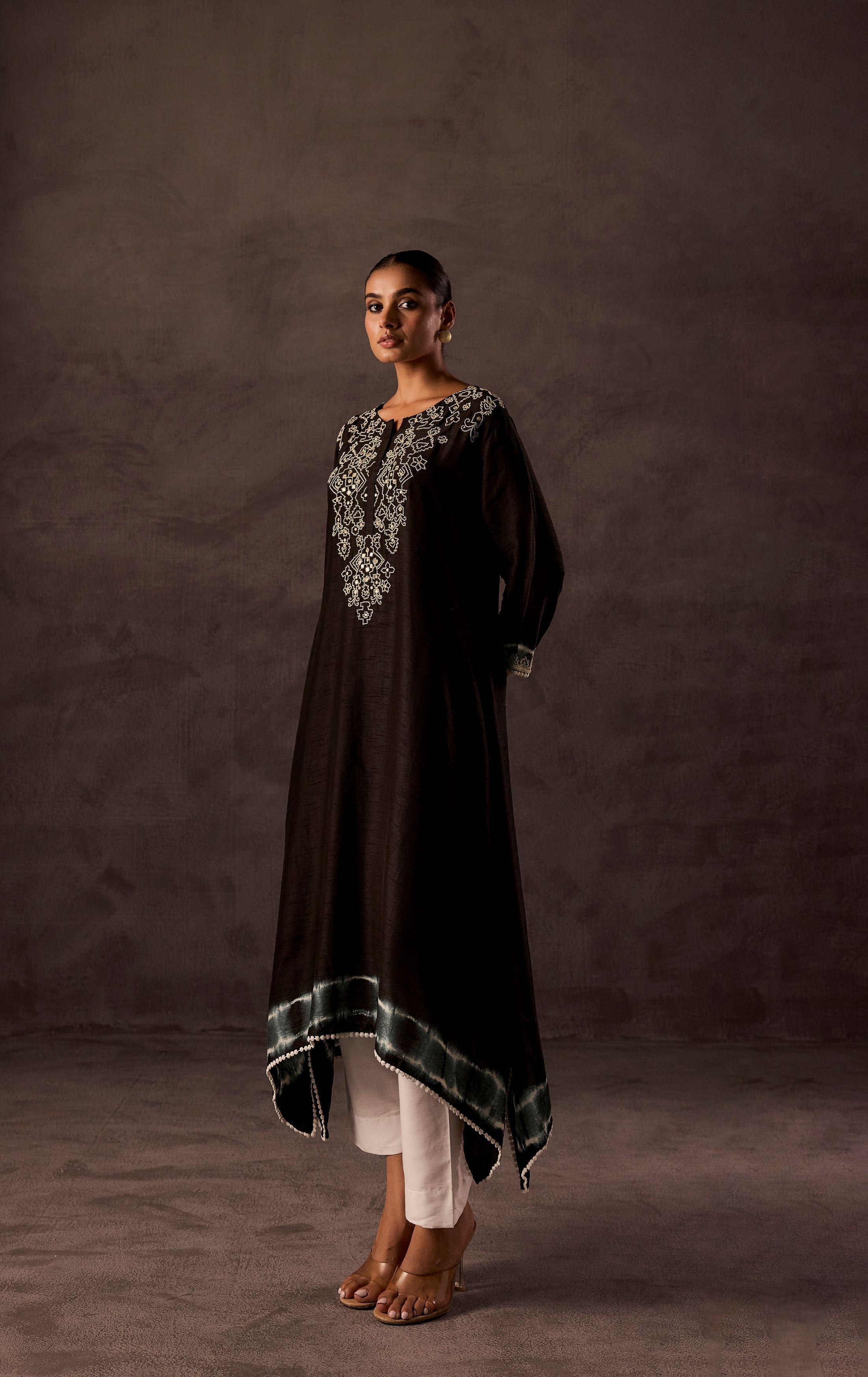 Black Embellished Raw Silk Kurta Set