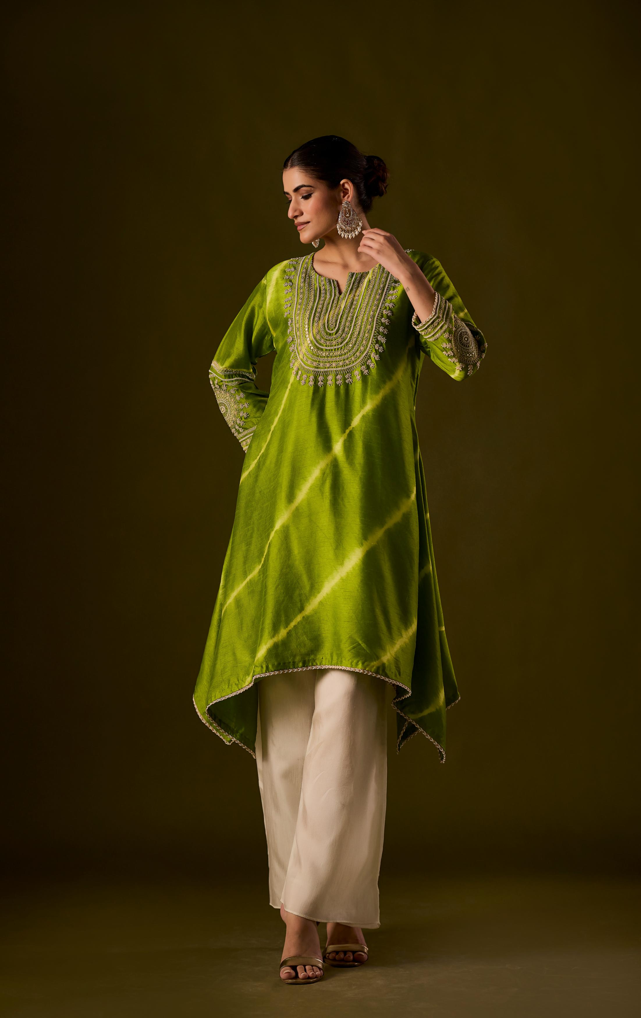 Lime Green Embellished Raw Silk Palazzo Set