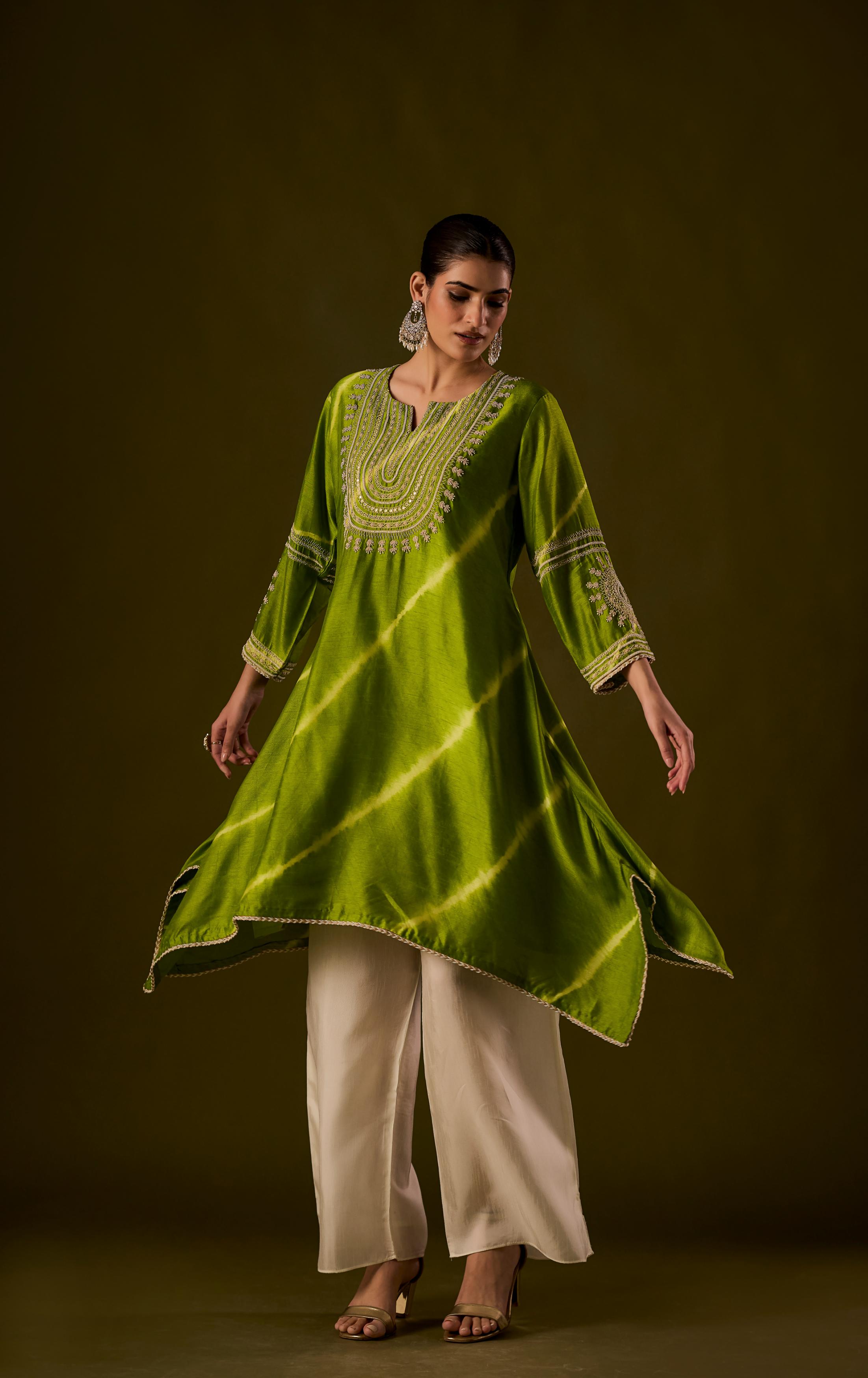 Lime Green Embellished Raw Silk Palazzo Set