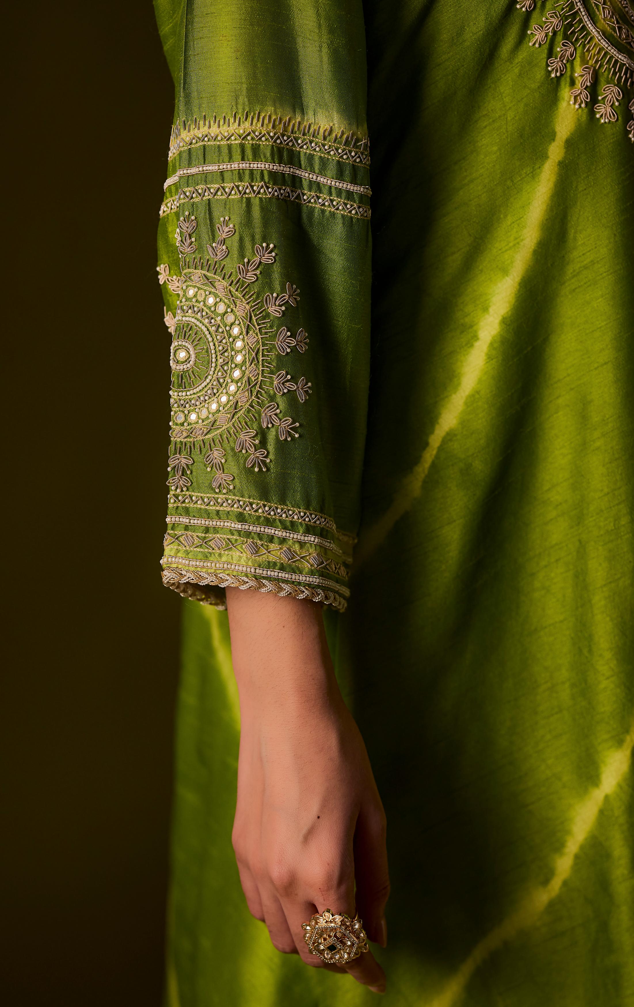 Lime Green Embellished Raw Silk Palazzo Set