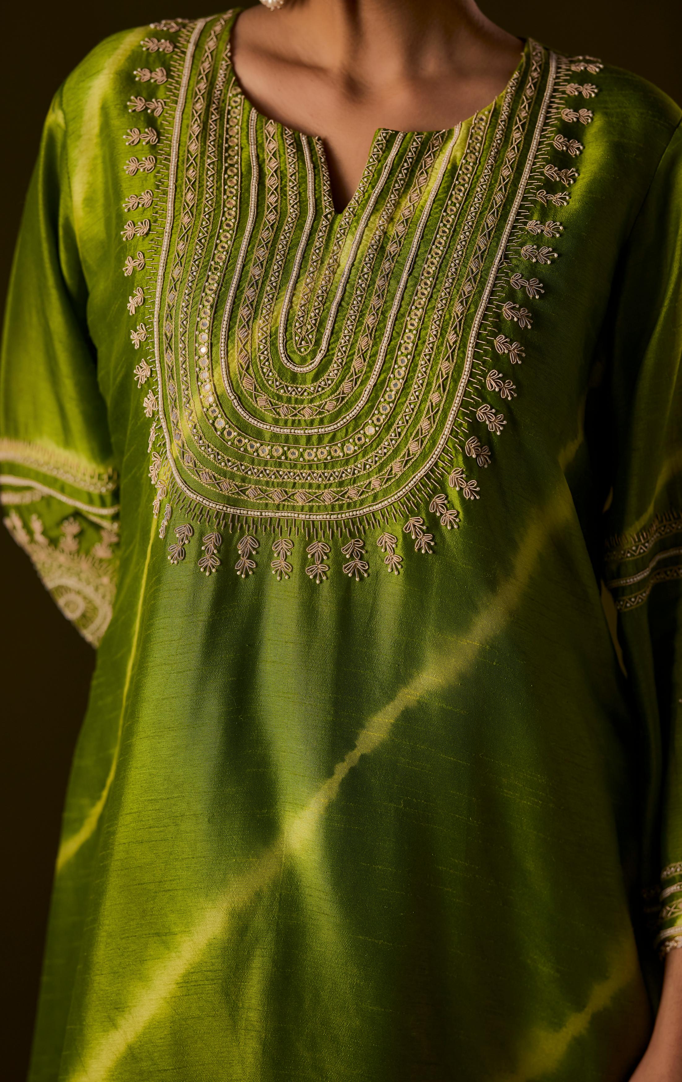 Lime Green Embellished Raw Silk Palazzo Set