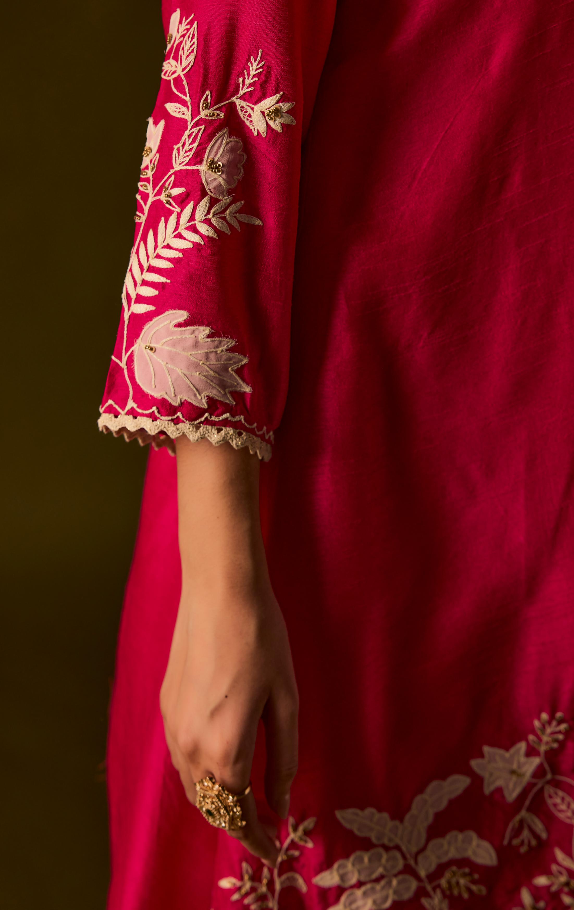 Rani pink Embroidered Raw Silk Co-Ord Set