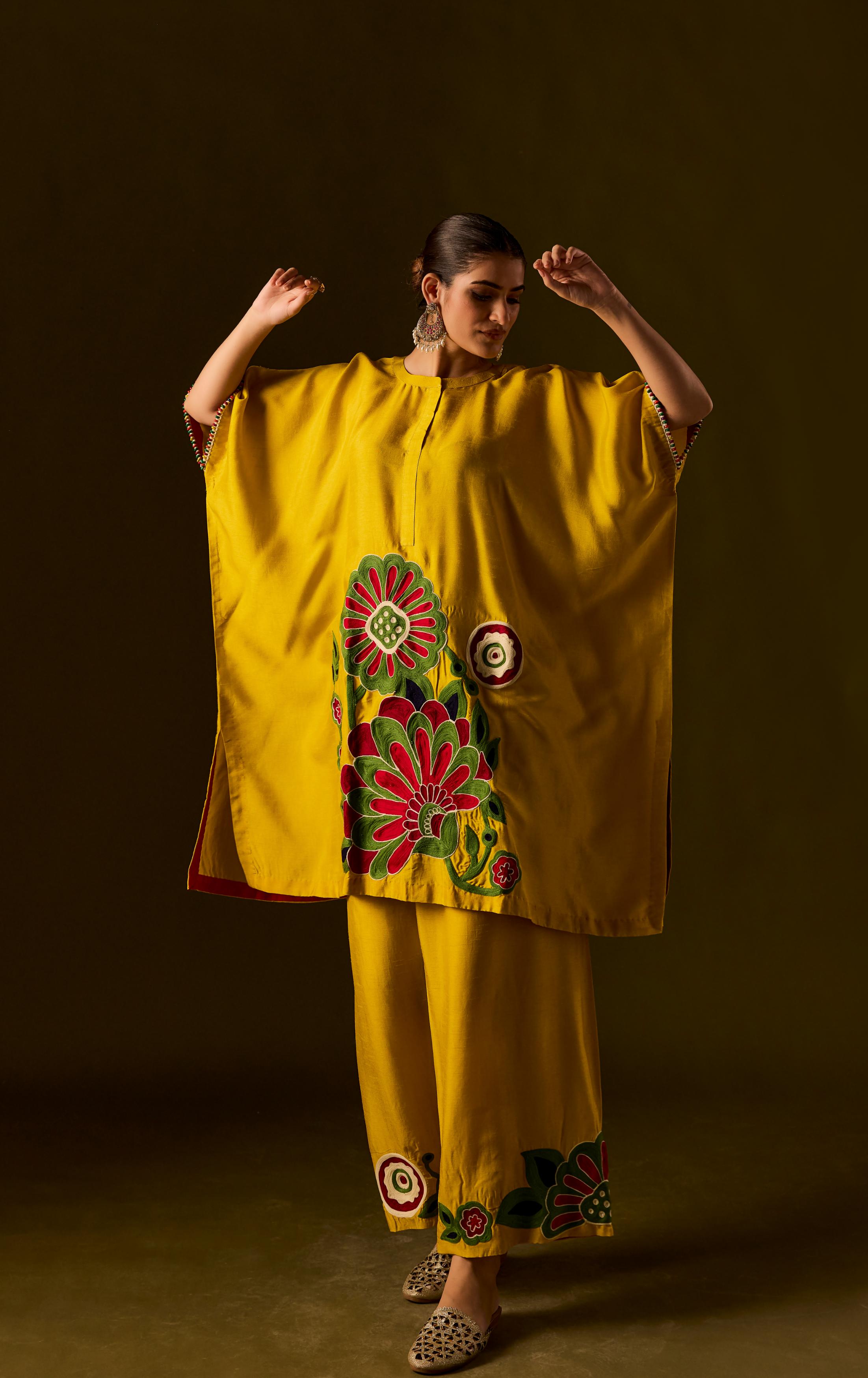 Lemon Yellow Embellished Premium Silk Kaftan Set