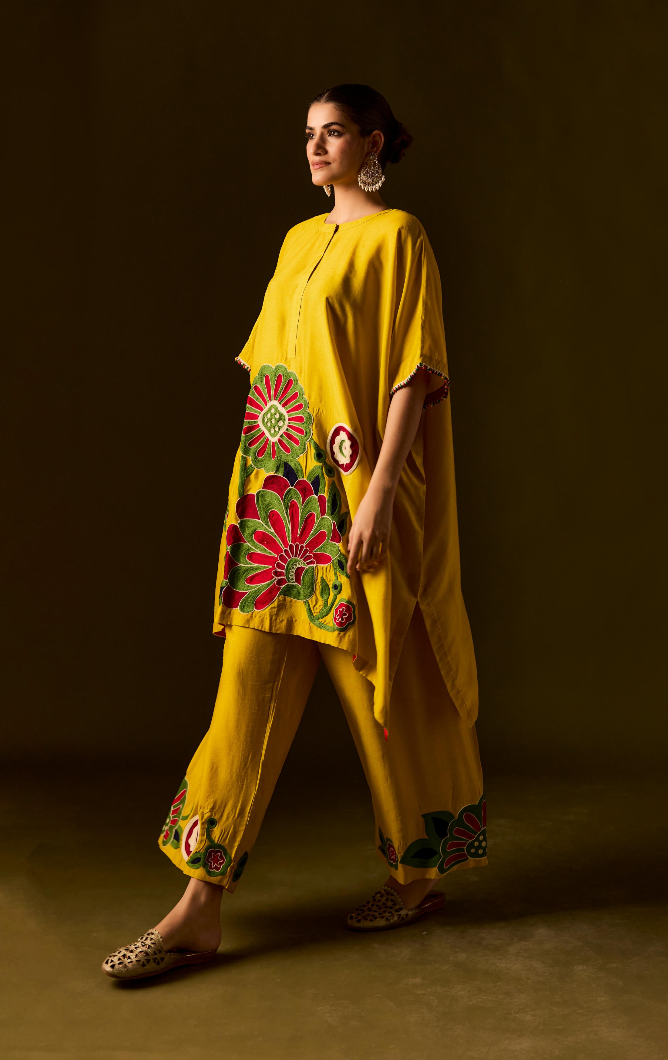 Lemon Yellow Embellished Premium Silk Kaftan Set