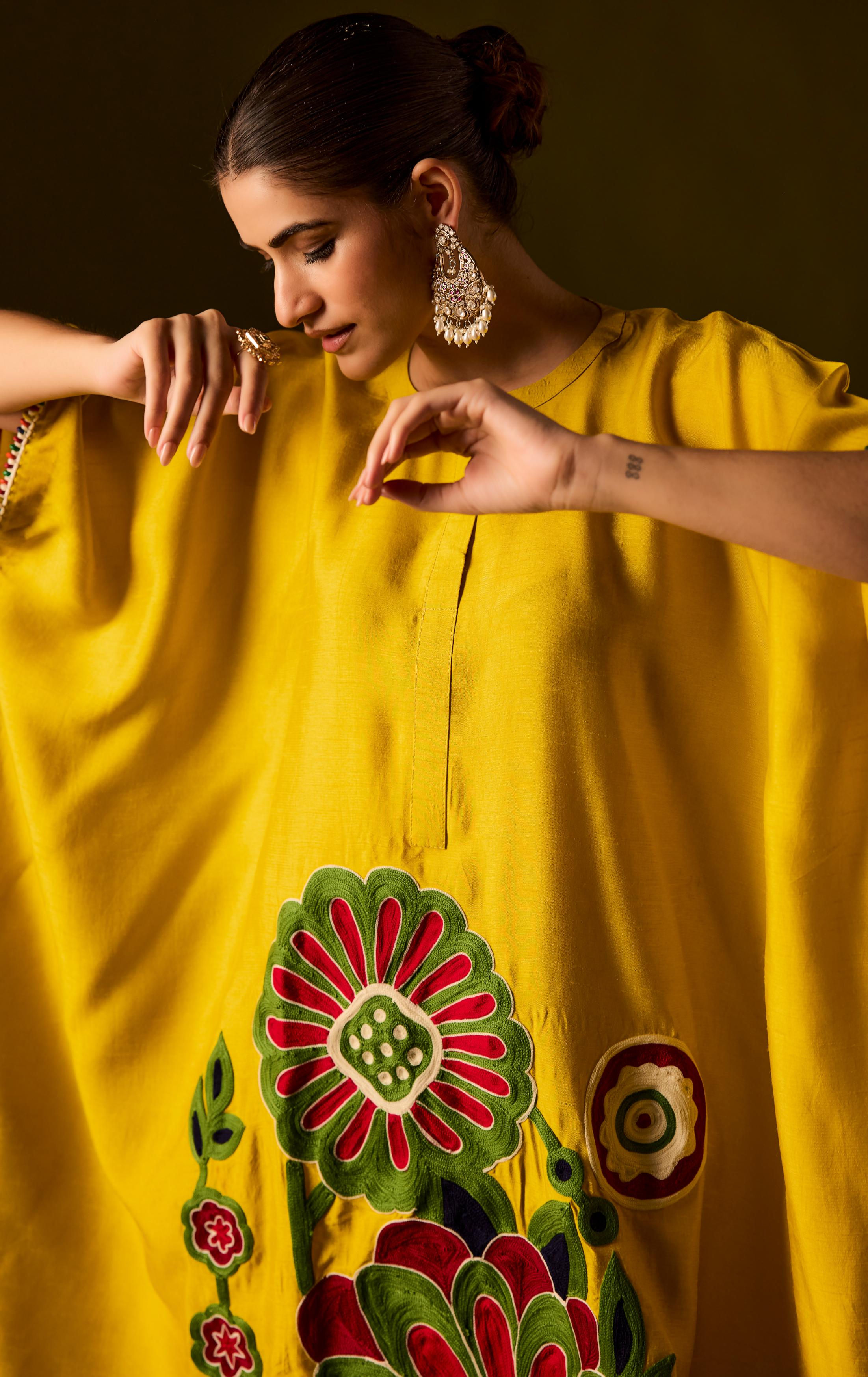 Lemon Yellow Embellished Premium Silk Kaftan Set