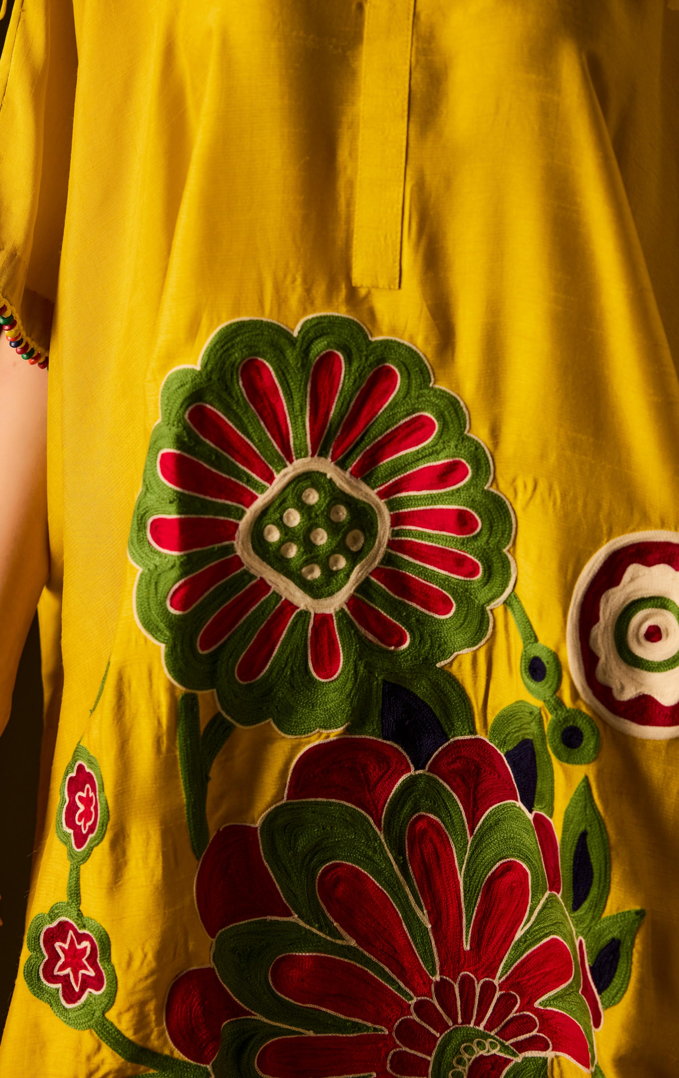 Lemon Yellow Embellished Premium Silk Kaftan Set