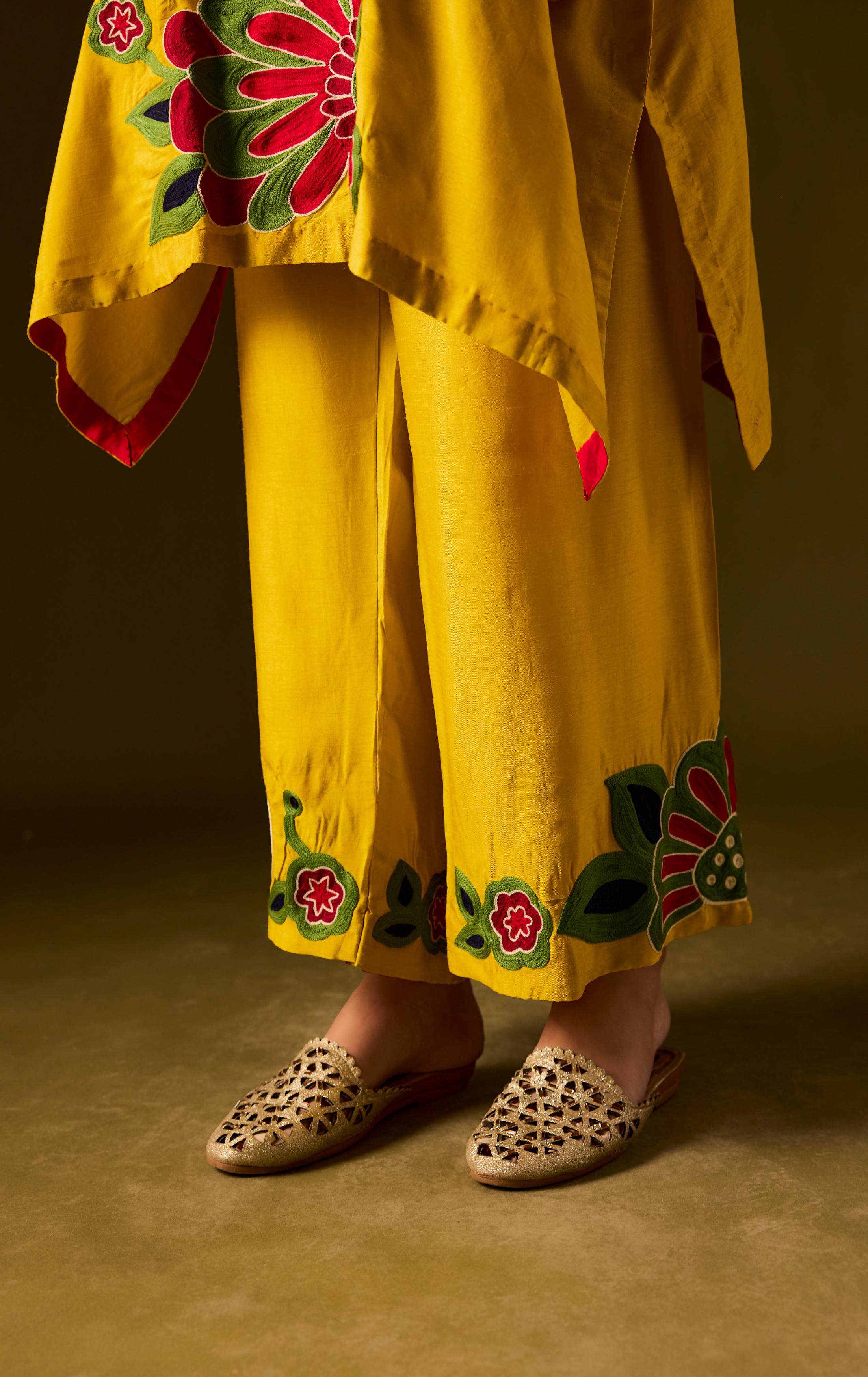 Lemon Yellow Embellished Premium Silk Kaftan Set