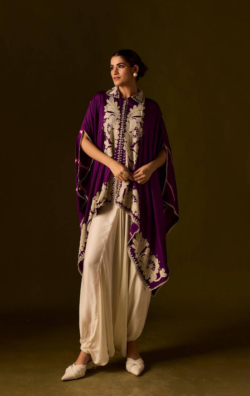 Royal Purple Embellished Raw Silk Tunic  Set
