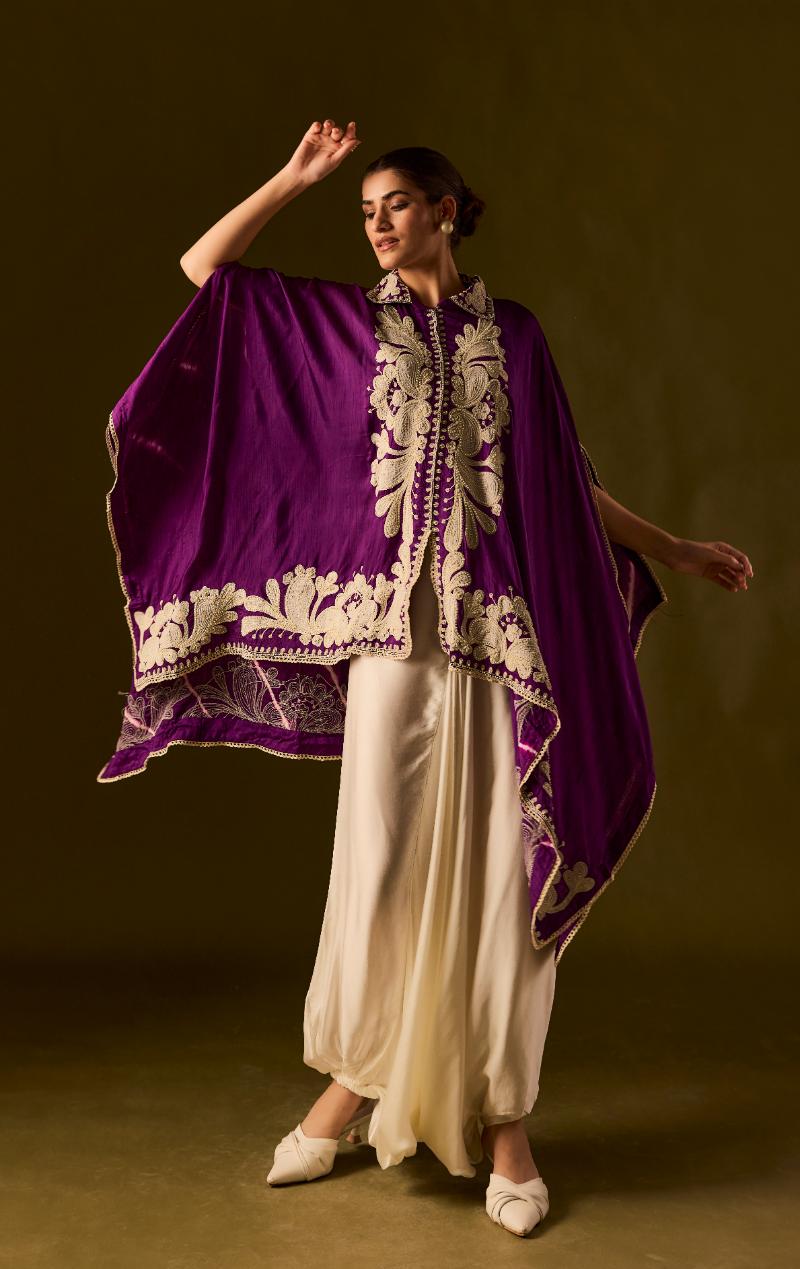 Royal Purple Embellished Raw Silk Tunic  Set