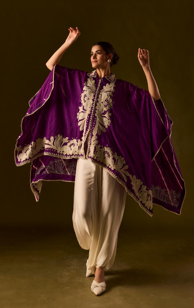 Royal Purple Embellished Raw Silk Tunic  Set
