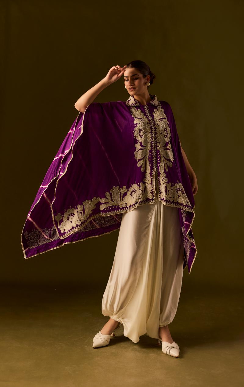 Royal Purple Embellished Raw Silk Tunic  Set