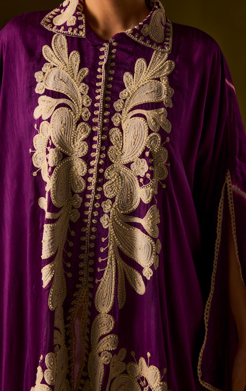 Royal Purple Embellished Raw Silk Tunic  Set