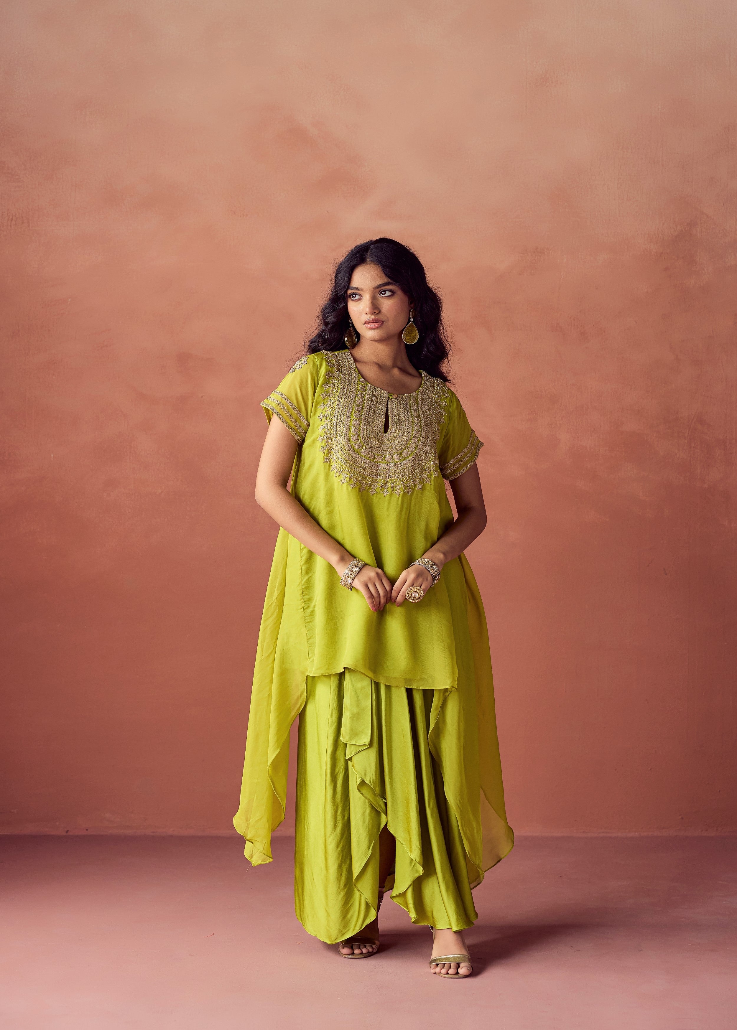 Lime Green Embroidered Organza Silk Skirt Set