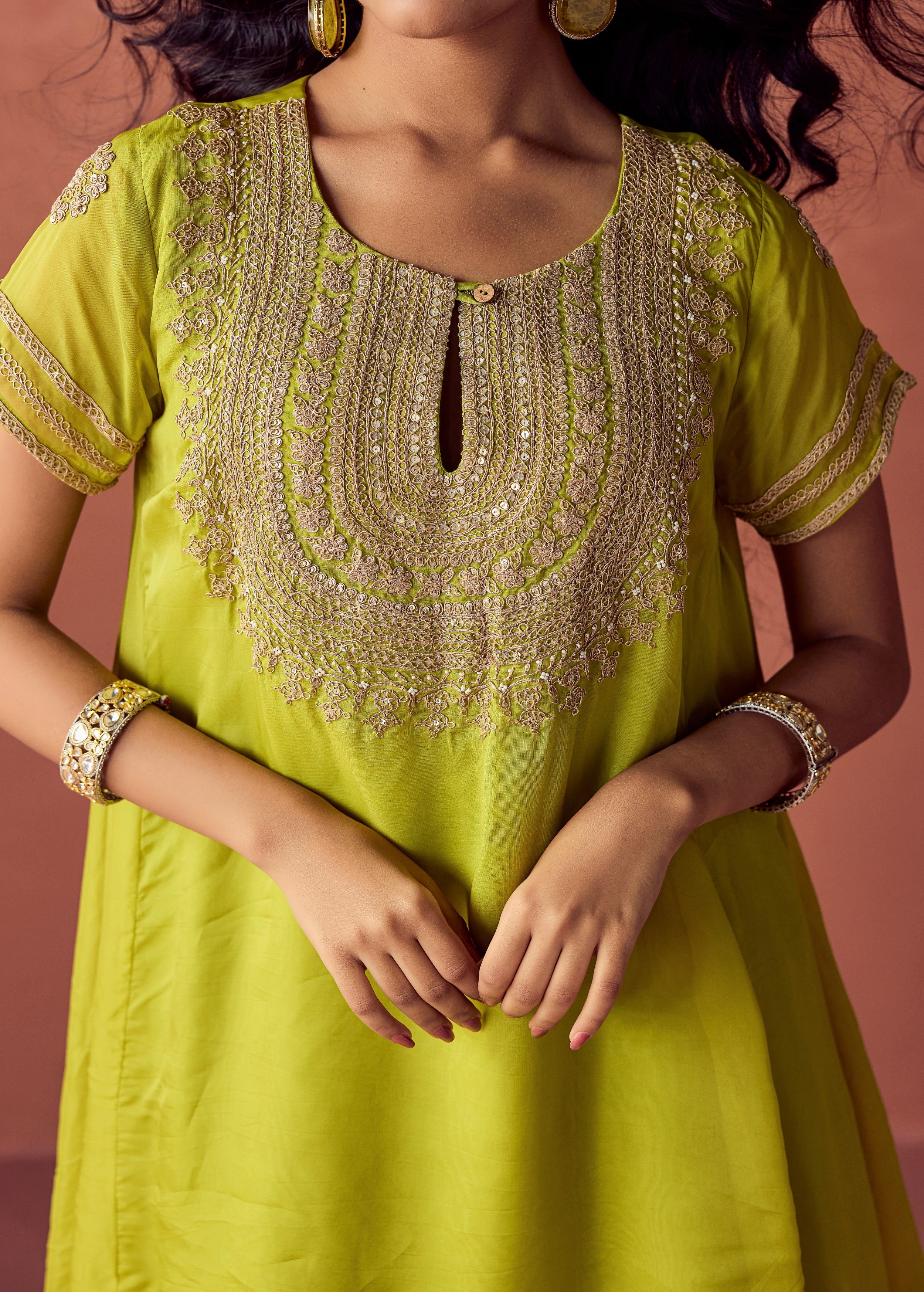 Lime Green Embroidered Organza Silk Skirt Set