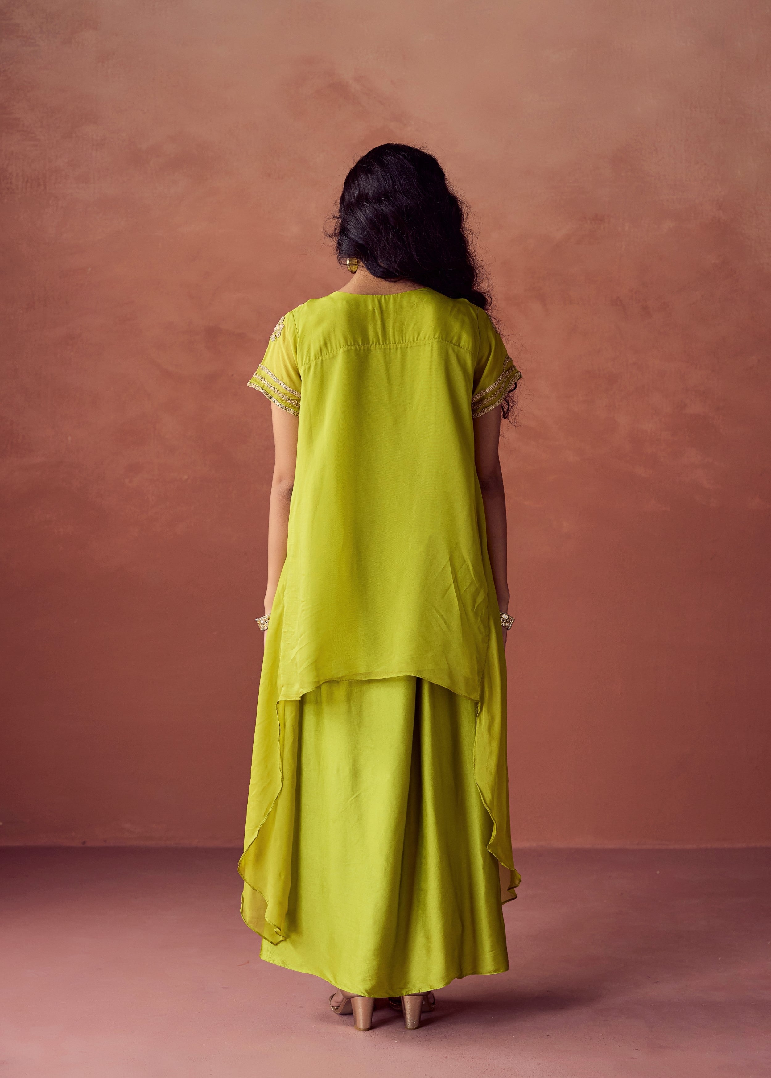 Lime Green Embroidered Organza Silk Skirt Set
