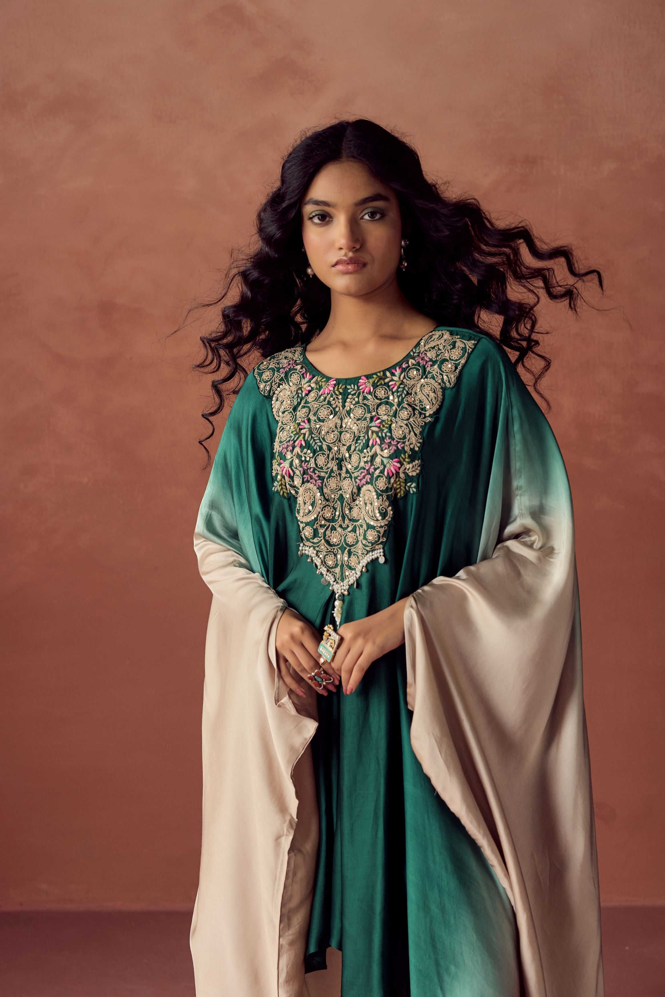 Dark Green Embellished Satin Silk Kaftan Set