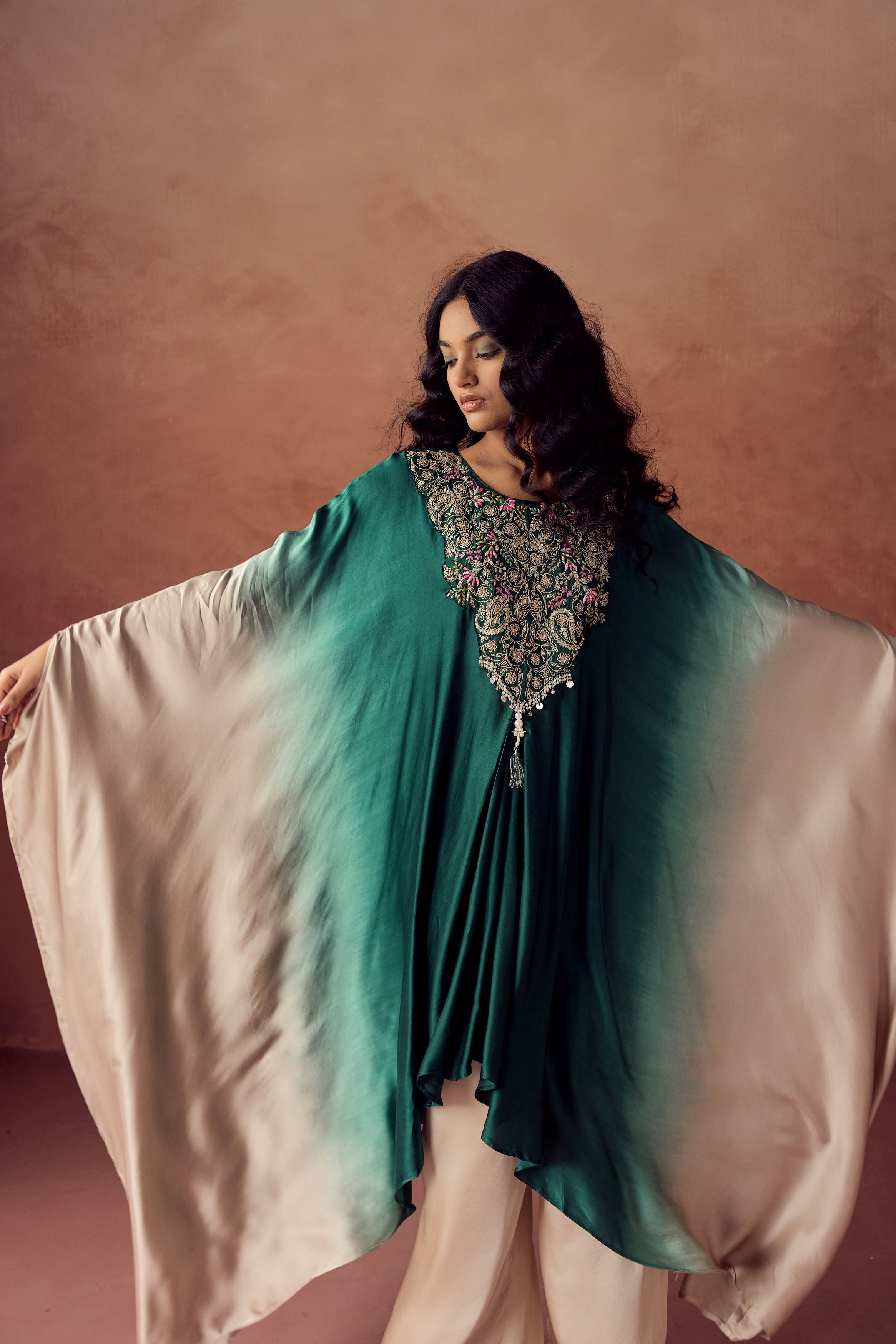 Dark Green Embellished Satin Silk Kaftan Set